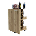 Bar Cart, Two External Shelves, Four Casters, Six Built In Wine Rack, Single Door Cabinet Light Oak Beige Particle Board Particle Board
