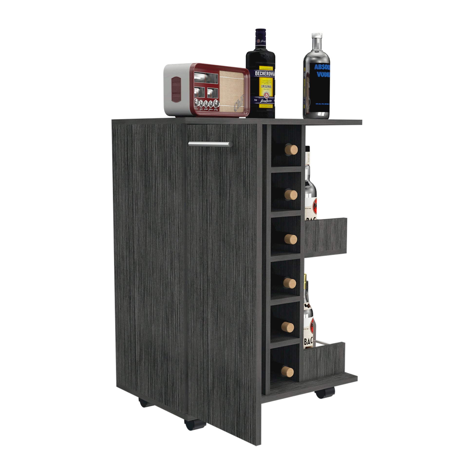 Tennessee Bar Cart Made Of Particle Board With 1 Cabinet With Division, 6 Cubbies For Liquor And 2 Shelves Mobile Carts 5 Or More Spaces Smoke Primary Living Space Open Storage Space Modern Pine Particle Board Engineered Wood