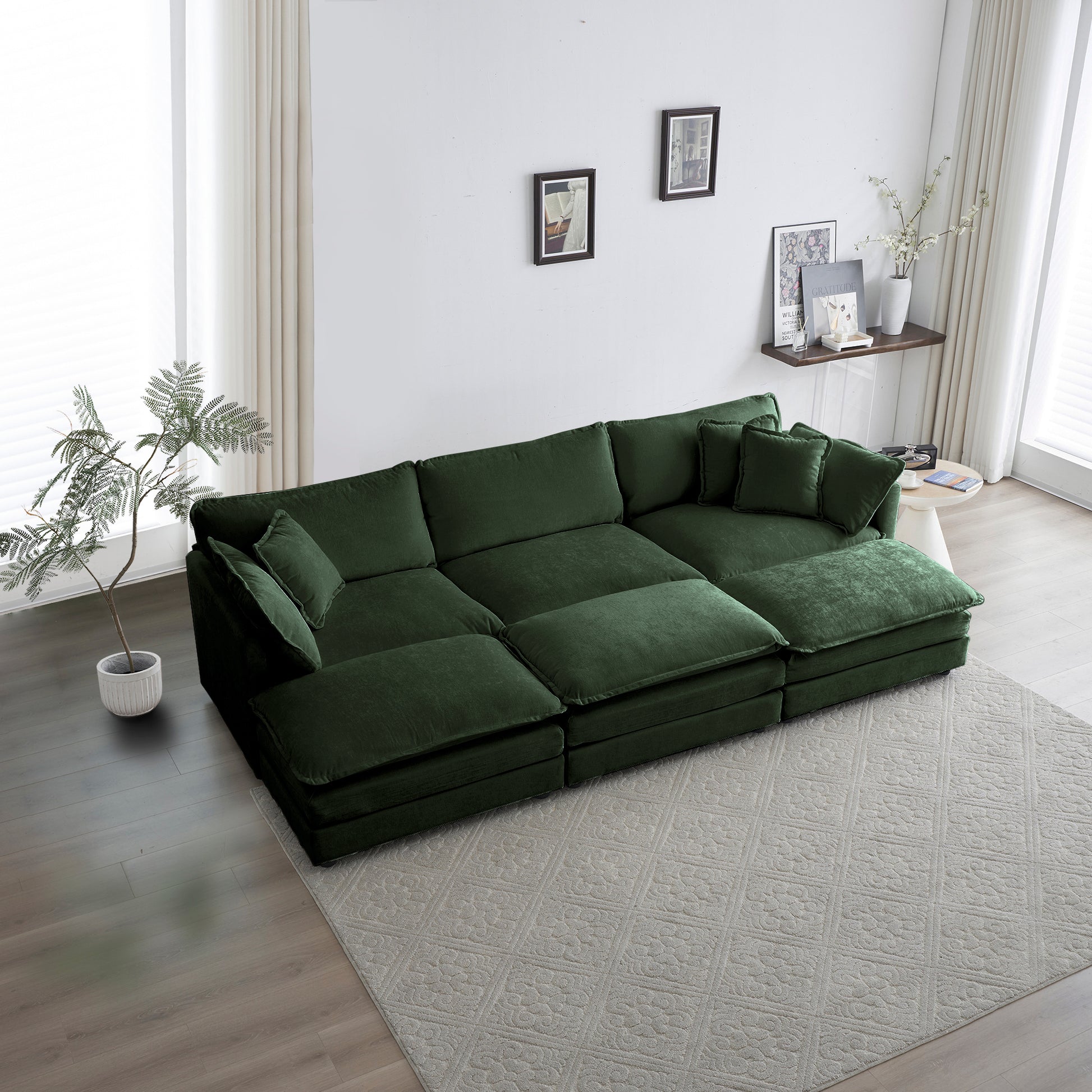 Comfortable Deep Seat Reversible Modular 6 Seater Sectional Super Soft Sofa U Shaped Sectional Couch With 3 Ottomans, 3 Toss Pillows And 2 Arm Pillows Green Chenille 3 Seat