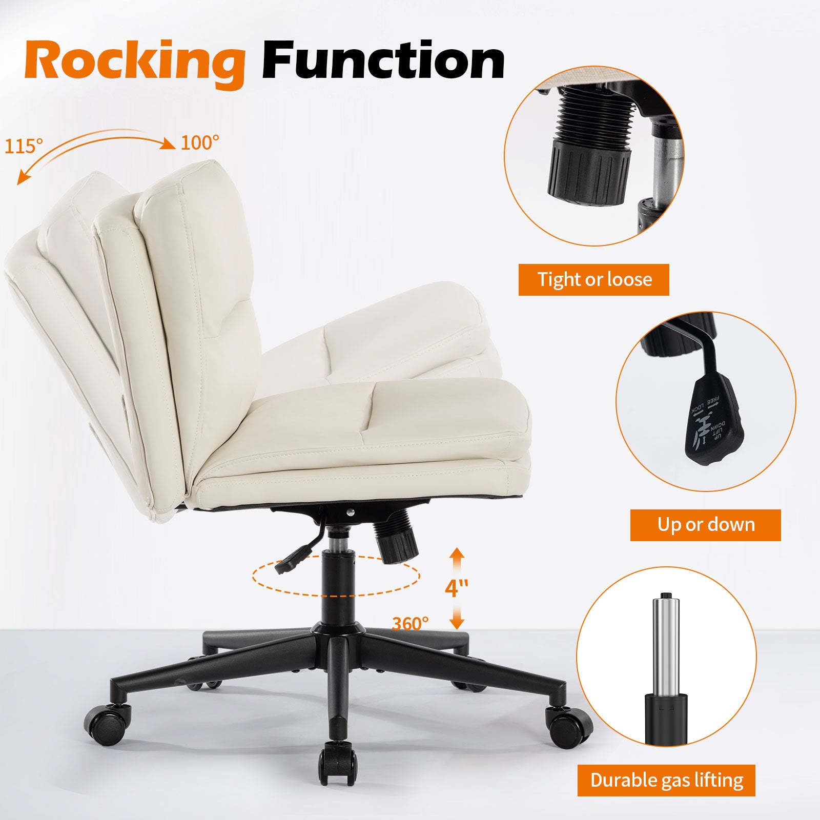 Office Chair Armless Desk Chair With Wheels, Pu Padded Wide Seat Home Office Chairs, 120 Rocking Mid Back Cute Computer Chair For Bedroom, Vanity, Makeup Wood Cream Cotton Office Chairs Handle Pu