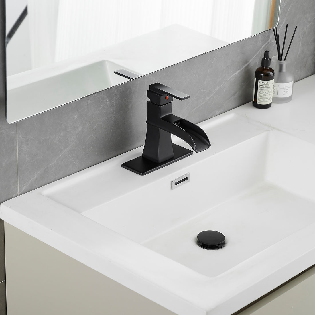 Sink Faucet With Deck Plate Waterfall Black With Pop Up Drain And Supply Lines Bathroom Faucets For Sink 1 Hole One Handle Faucets Vanity Bath Mixer Tap Bathroom Joystick Geometric One Black Side Sprayer Deck Mounted Cartridge Valve Single Hole Faucets