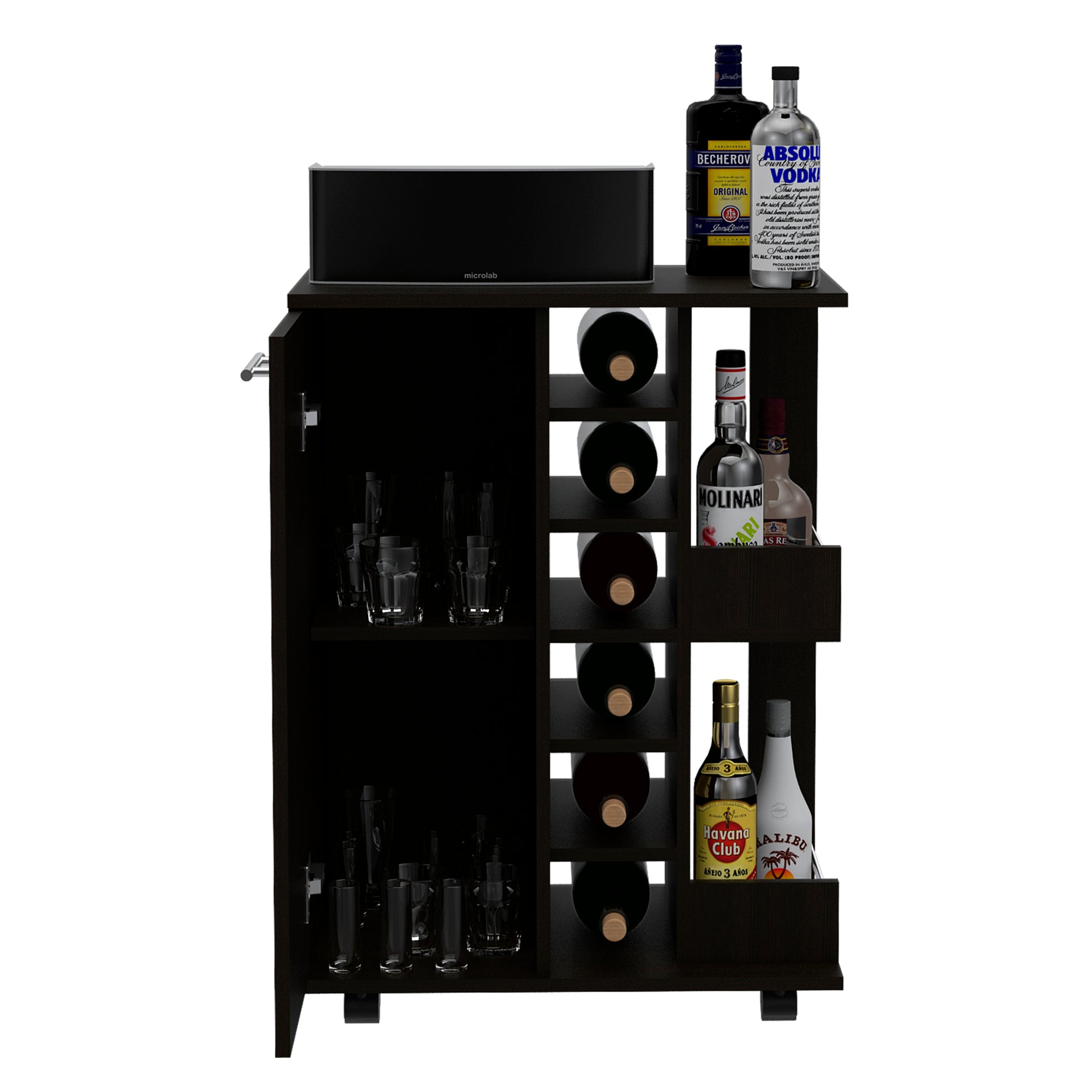 Tennessee Bar Cart, One Cabinet With Division, Six Cubbies For Liquor, Two Shelves Freestanding 5 Or More Spaces Black Primary Living Space Open Storage Space Modern Pine Particle Board Engineered Wood