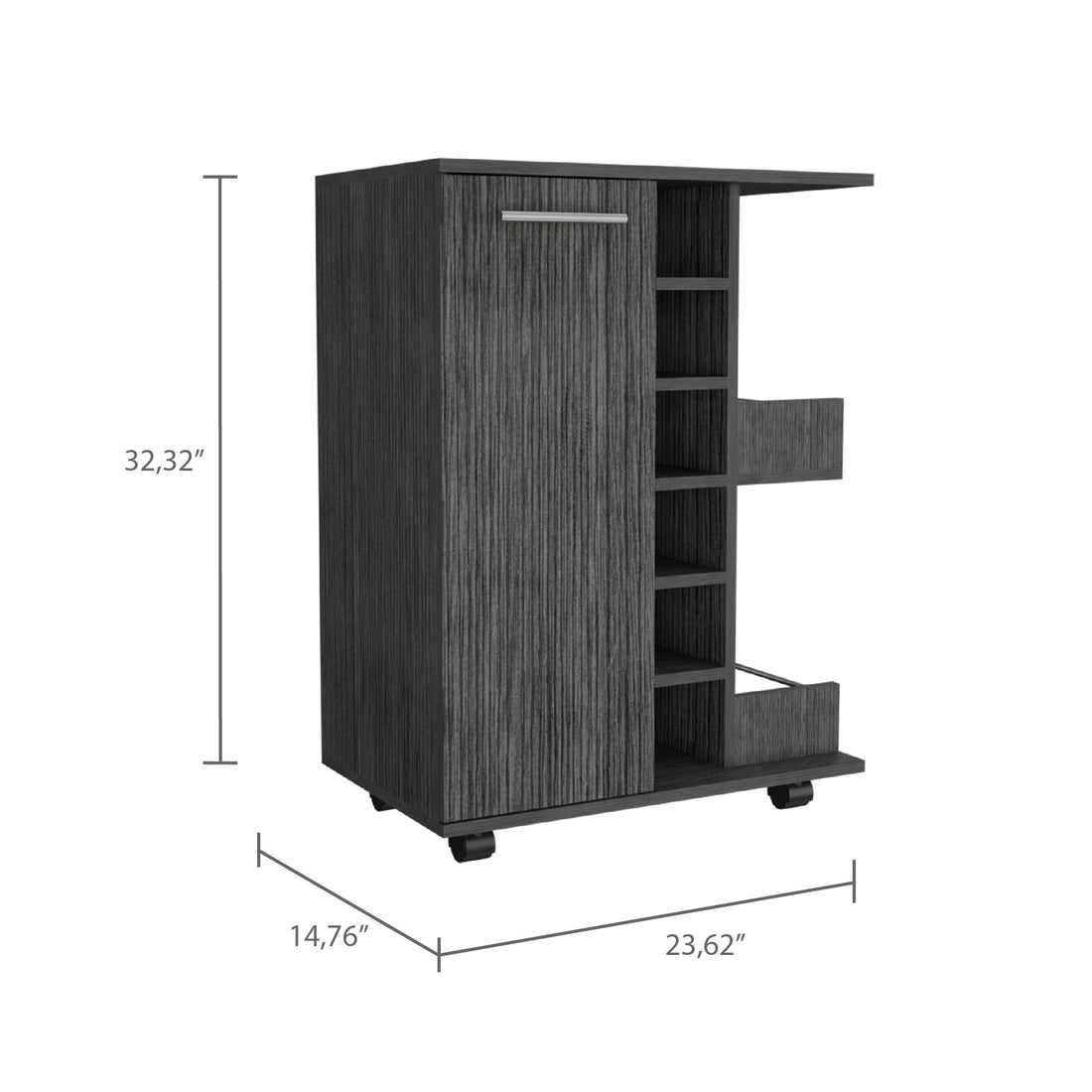 Tennessee Bar Cart Made Of Particle Board With 1 Cabinet With Division, 6 Cubbies For Liquor And 2 Shelves Smoke Primary Living Space Modern Pine Particle Board Engineered Wood