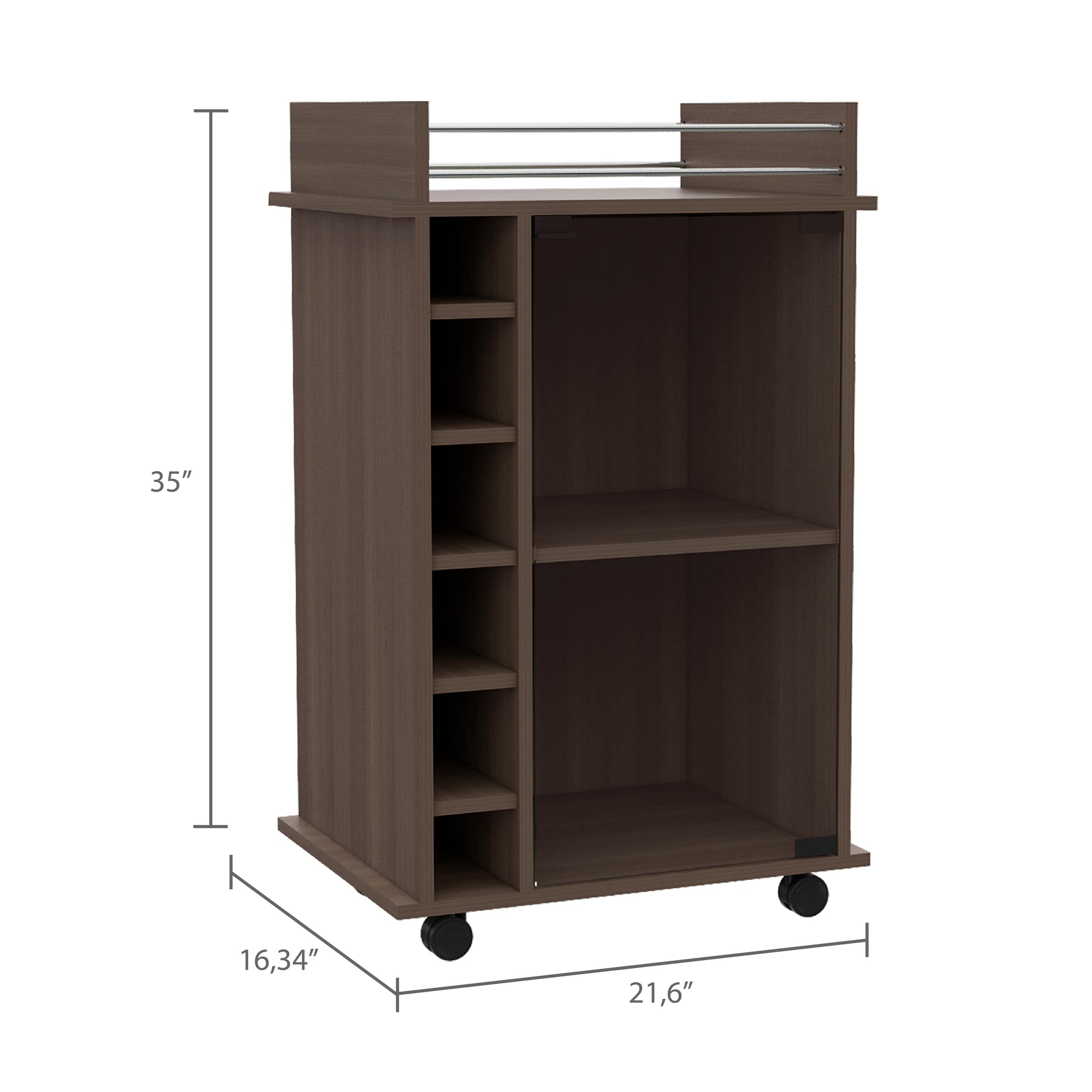 Vegas Bar Cart, Two Tier Cabinet With Glass Door, Six Cubbies For Liquor Smoke Particle Board Engineered Wood