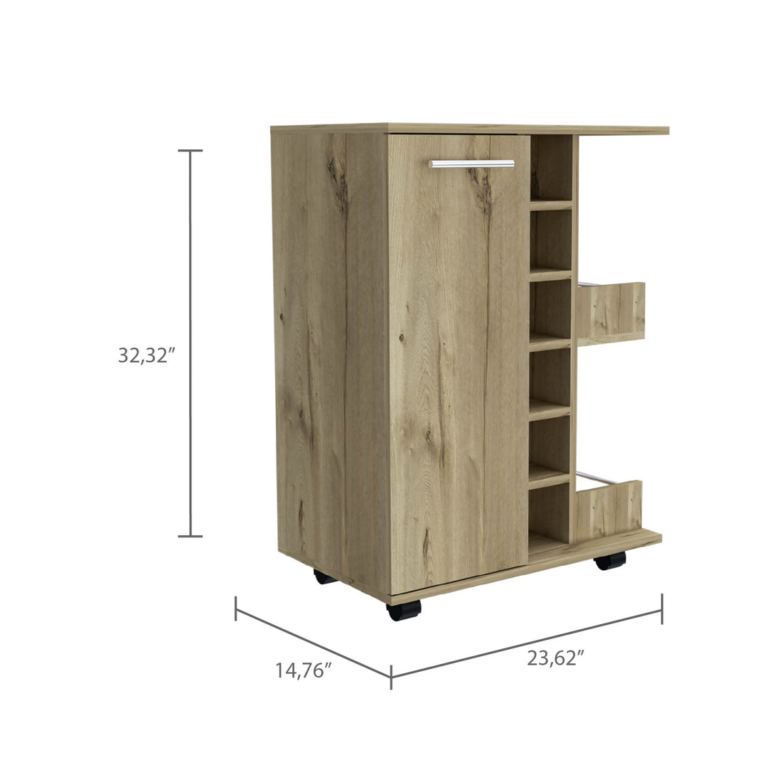 Tennessee Bar Cart, One Cabinet With Division, Six Cubbies For Liquor, Two Shelves Light Oak Primary Living Space Modern Pine Particle Board Engineered Wood