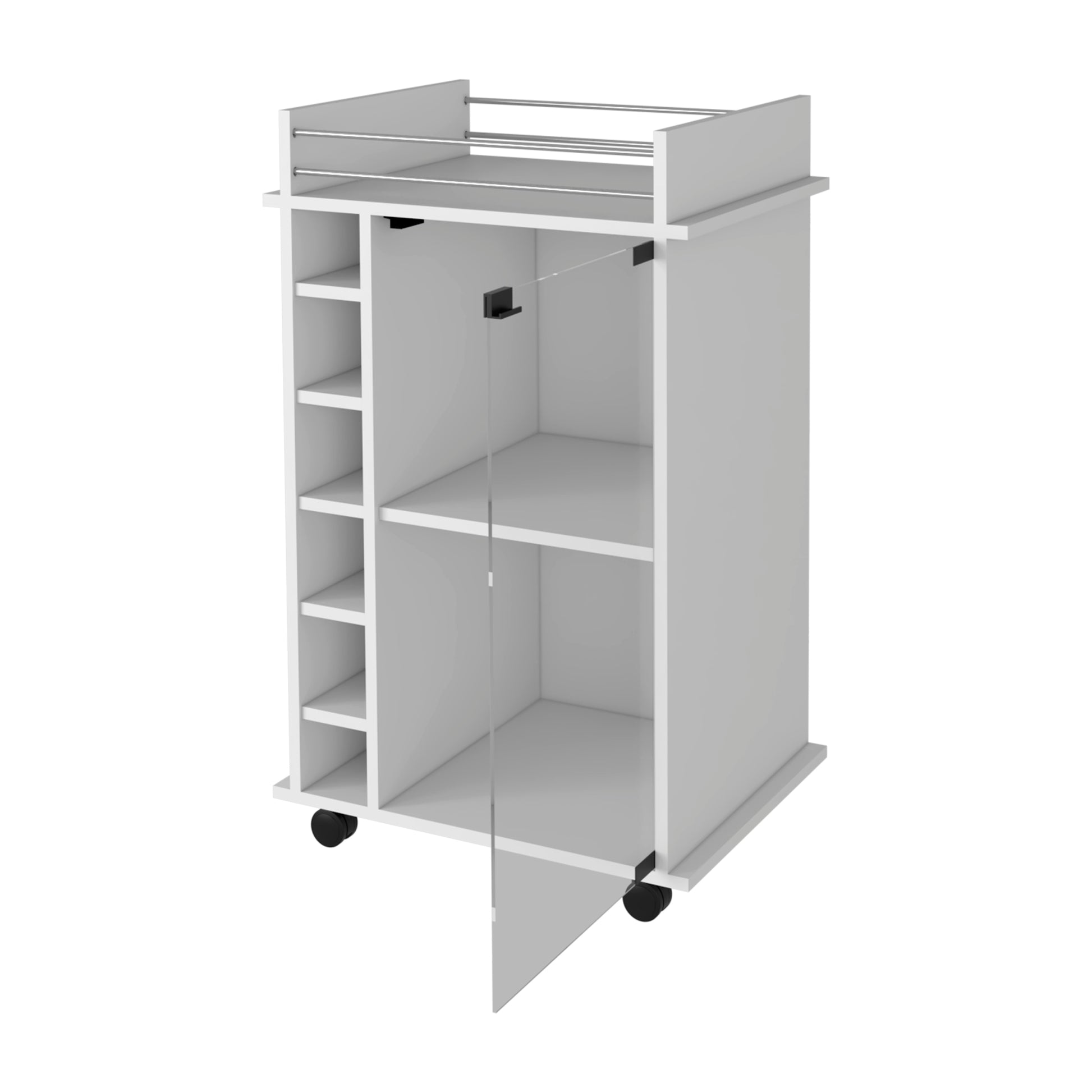 Vegas Bar Cart, Two Tier Cabinet With Glass Door, Six Cubbies For Liquor White Particle Board Engineered Wood