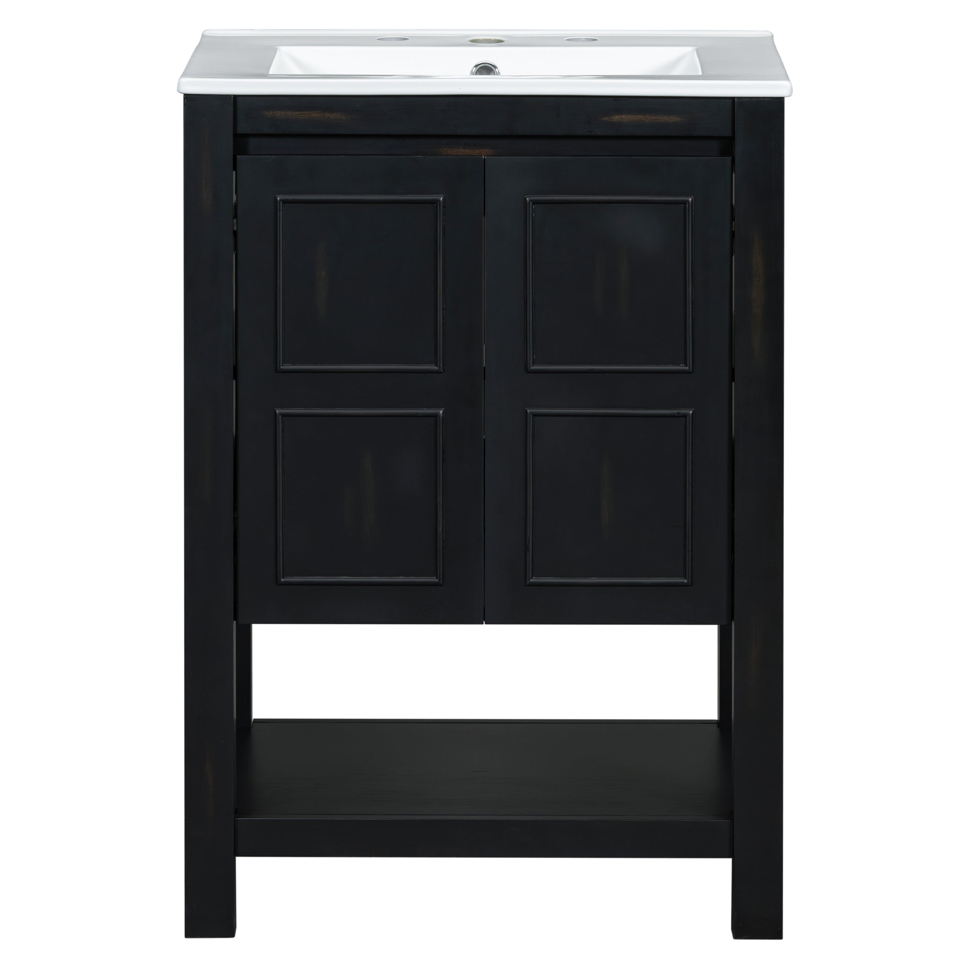 24X18.3X34.7 Inches Compact Vintage Style Bathroom Vanity Cabinet And Ceramic Sink Combo With Open Shelf 2 Soft Close Doors Espresso Bathroom Solid Wood Mdf