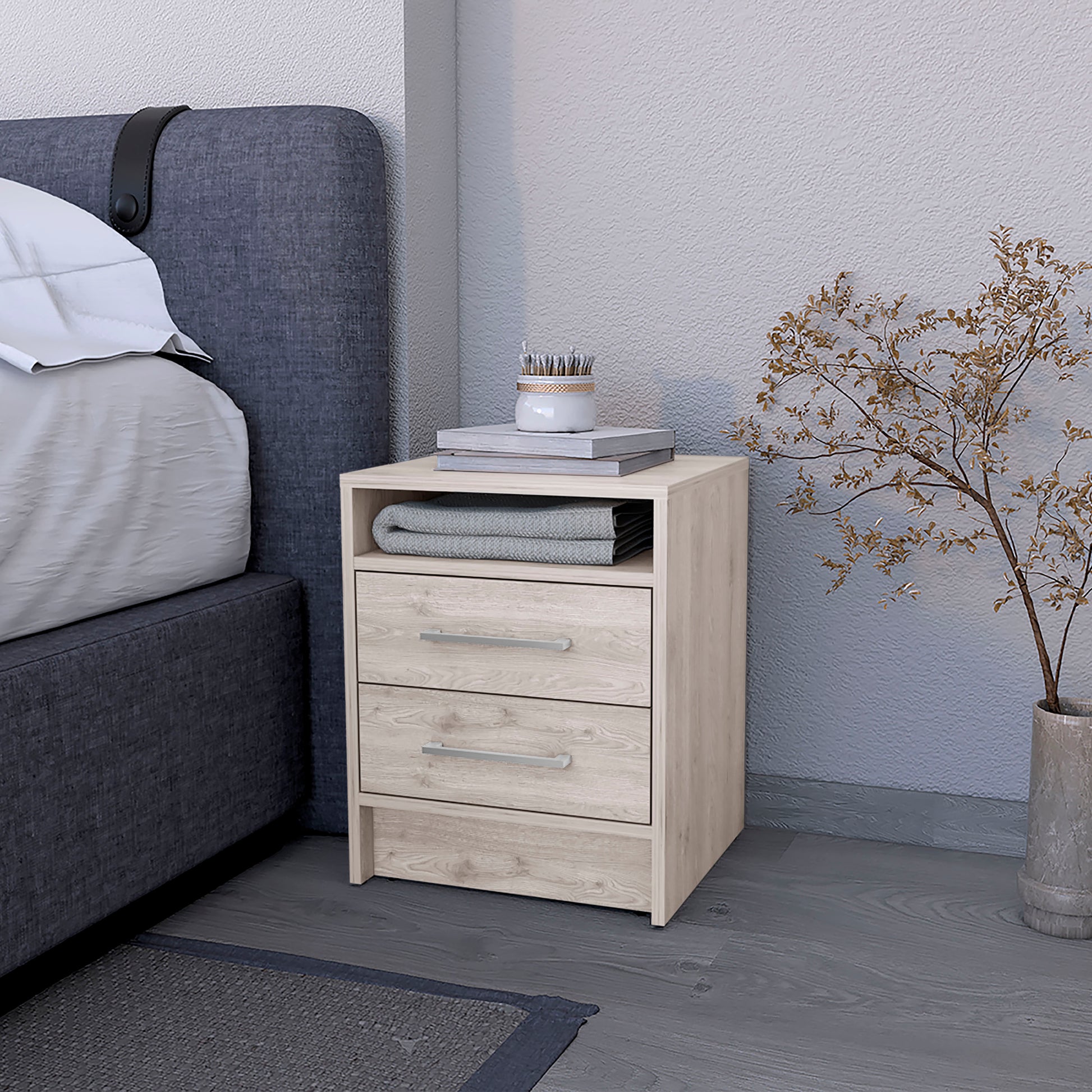 Philadelphia Nightstand, Two Drawers, Concealed Shelf Beige Bedroom Modern Mdf Engineered Wood