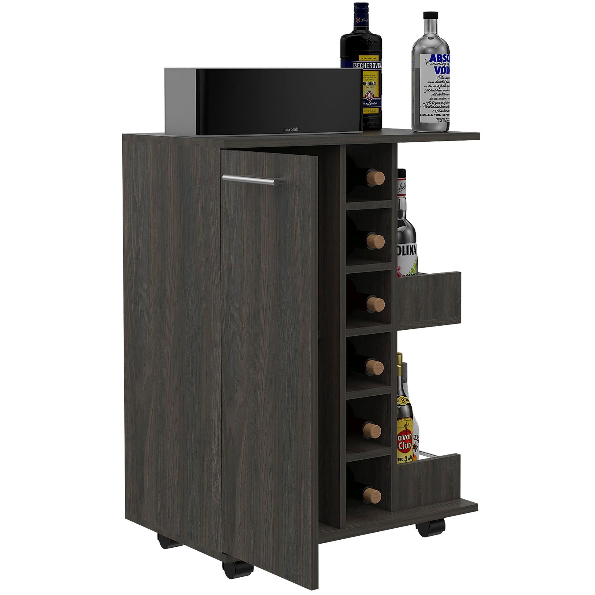 Tennessee Bar Cart, One Cabinet With Division, Six Cubbies For Liquor, Two Shelves Mobile Carts 5 Or More Spaces Gray Gray Primary Living Space Wood Shelves Modern Pine Particle Board Engineered Wood