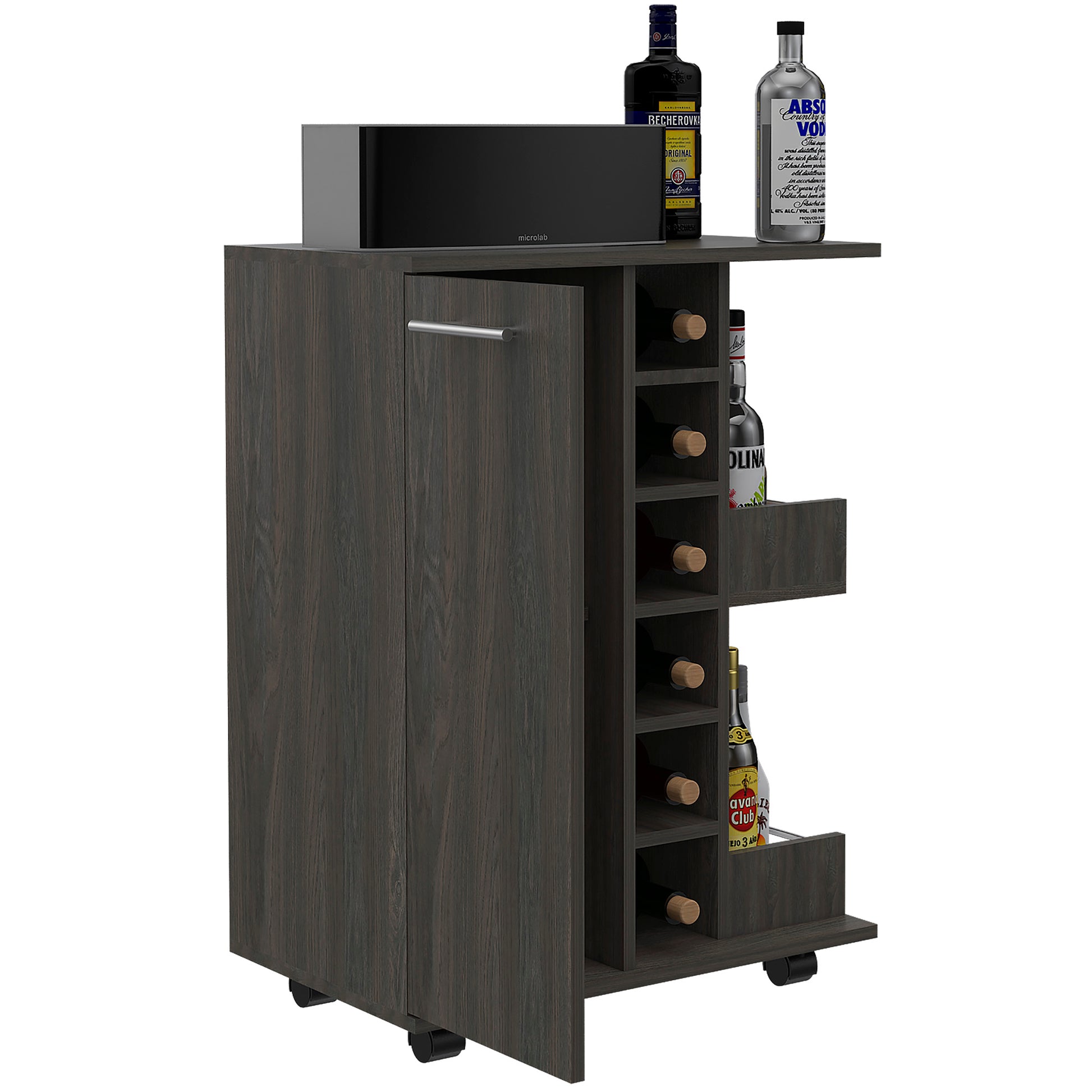 Tennessee Bar Cart, One Cabinet With Division, Six Cubbies For Liquor, Two Shelves Gray Gray Primary Living Space Modern Rectangular Stationary Kitchen Islands Pine Particle Board Engineered Wood Medium 40 55In