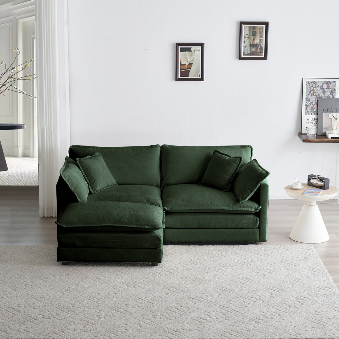 Chenille Two Seater Sofa With 1 Footrest, 2 Seater L Shaped Sectional With Ottoman,Loveseat With Ottoman For Small Living Space, Green Chenille Green Chenille 2 Seat