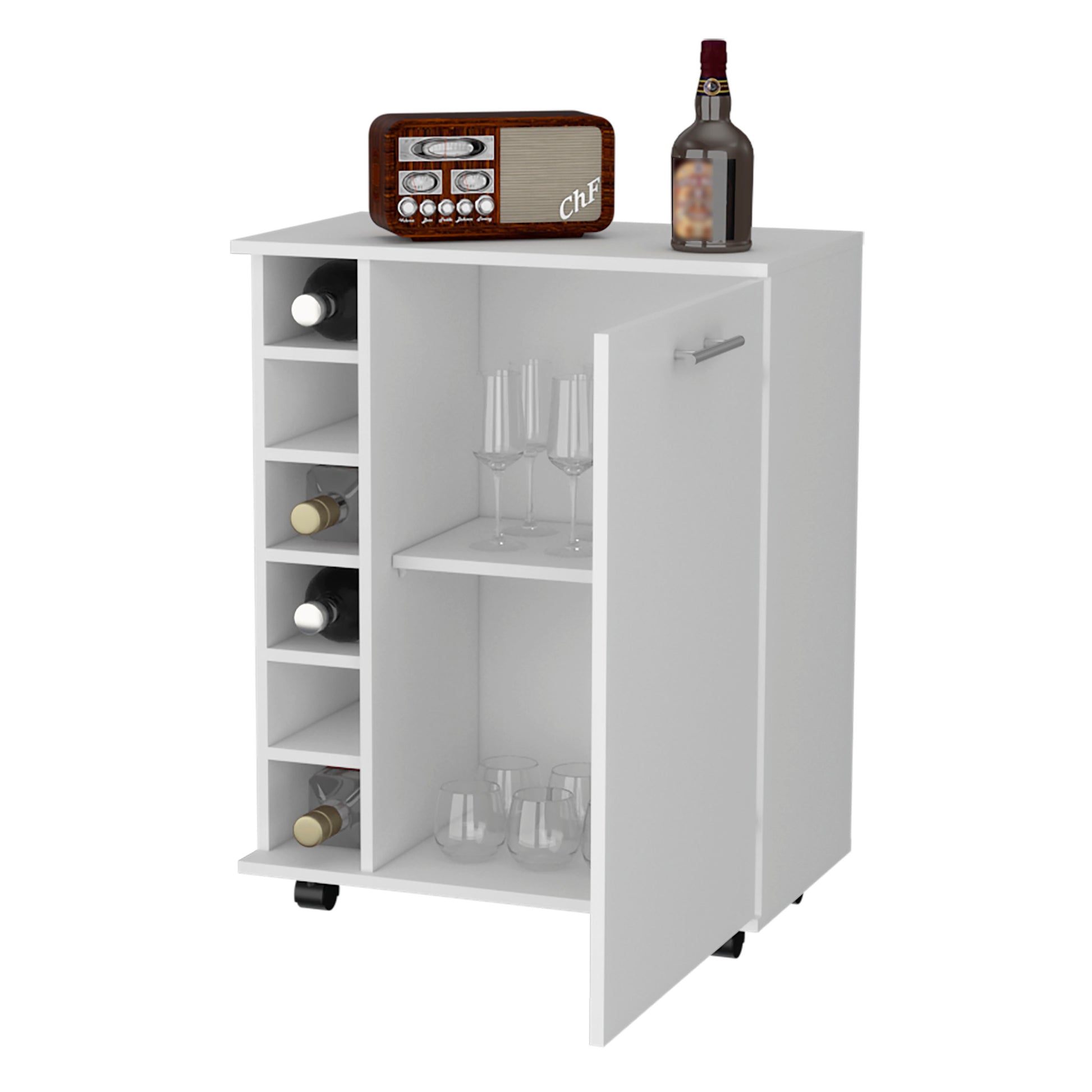 Rawlins Bar Cart With 6 Bottle Rack, Storage Cabine And Mobile Caster Wheels White Primary Living Space Modern Pine Particle Board Engineered Wood