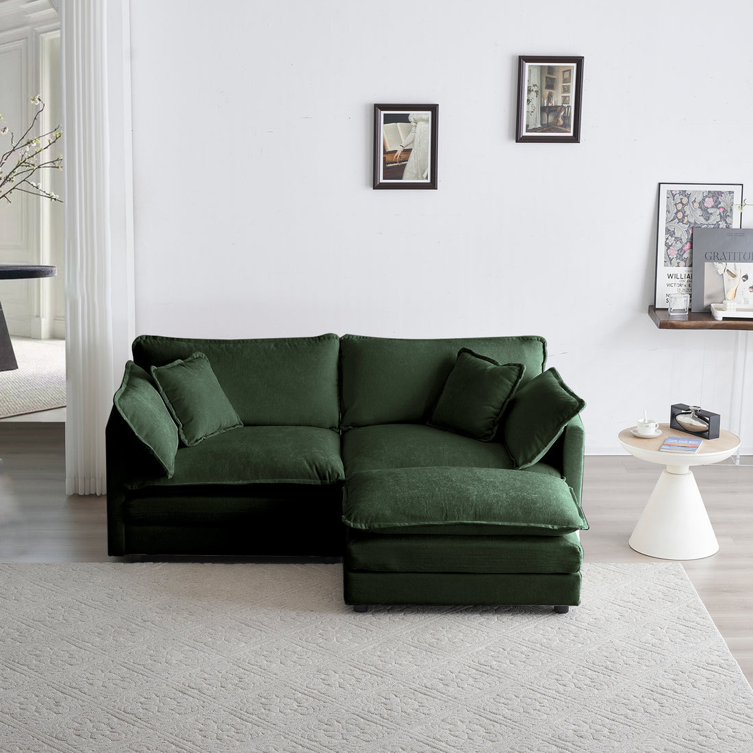 Chenille Two Seater Sofa With 1 Footrest, 2 Seater L Shaped Sectional With Ottoman,Loveseat With Ottoman For Small Living Space, Green Chenille Green Chenille 2 Seat