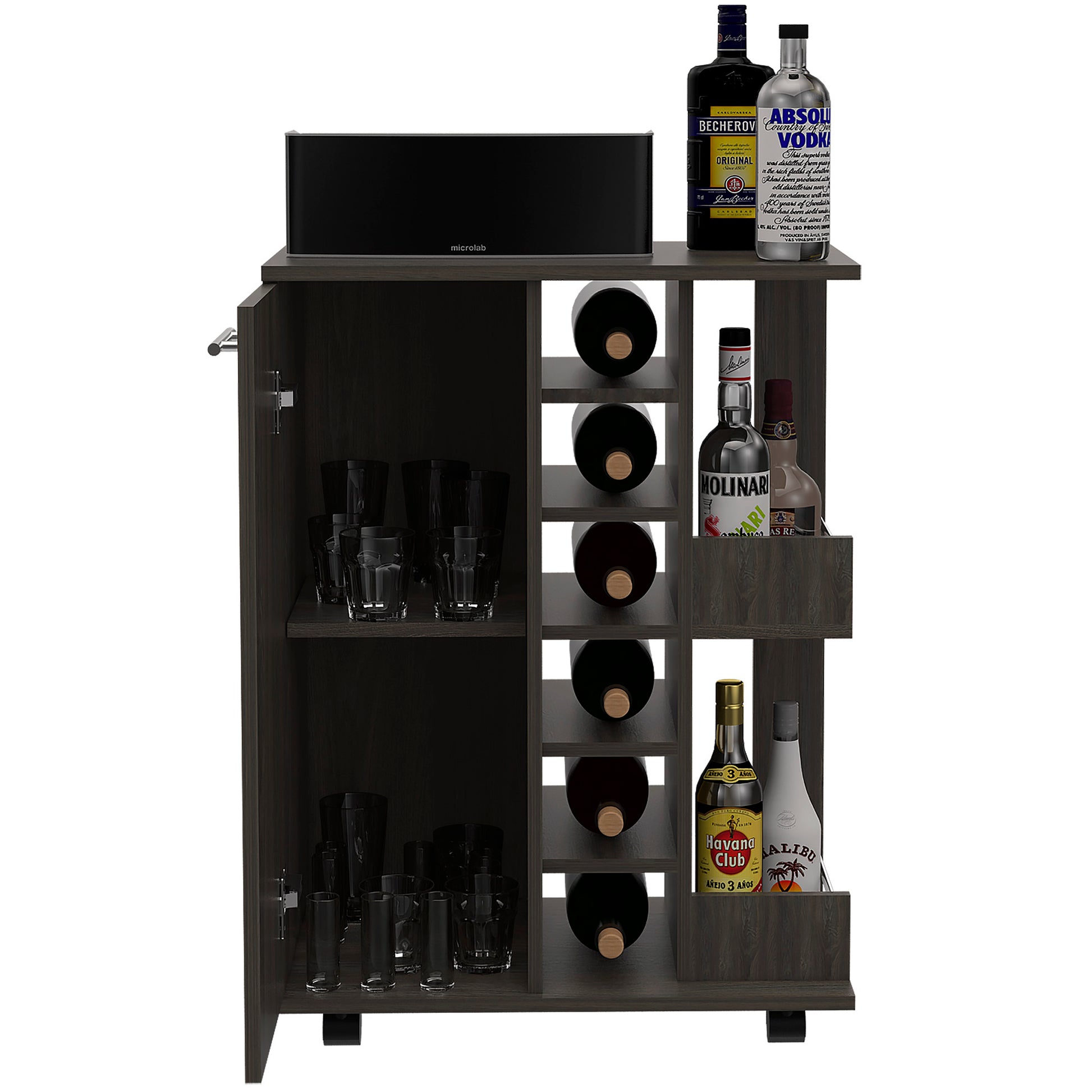 Tennessee Bar Cart, One Cabinet With Division, Six Cubbies For Liquor, Two Shelves Mobile Carts 5 Or More Spaces Gray Gray Primary Living Space Wood Shelves Modern Pine Particle Board Engineered Wood