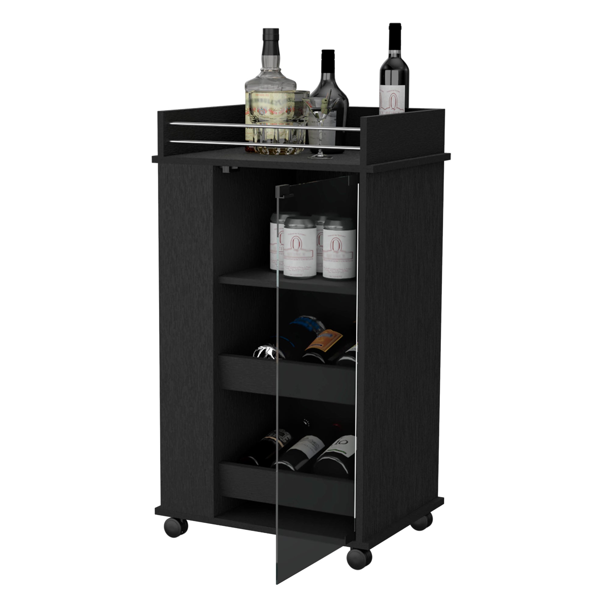 Lusk Bar Cart With 2 Bottle Holder Shelf, Glass Door And Casters Black Particle Board Engineered Wood