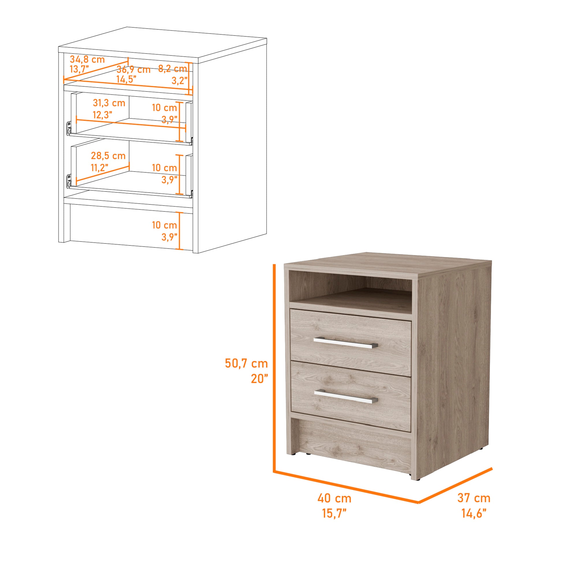 Philadelphia Nightstand, Two Drawers, Concealed Shelf Beige Bedroom Modern Mdf Engineered Wood