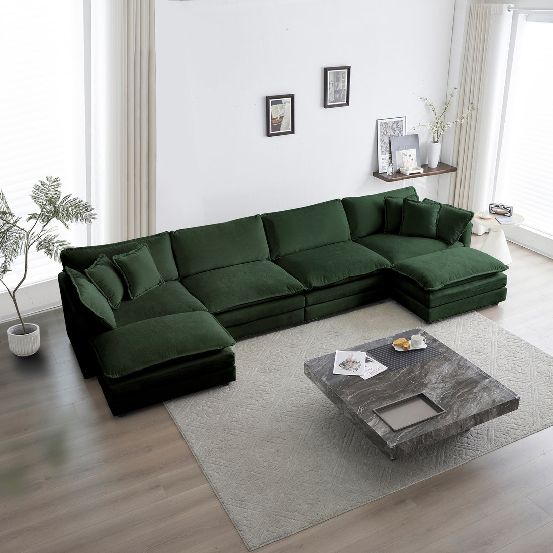 Comfort U Shaped Couch With Reversible Chaise, Modular Large U Shape Sectional Sofa, Double Extra Ottomans,Green Chenille Green Chenille 4 Seat