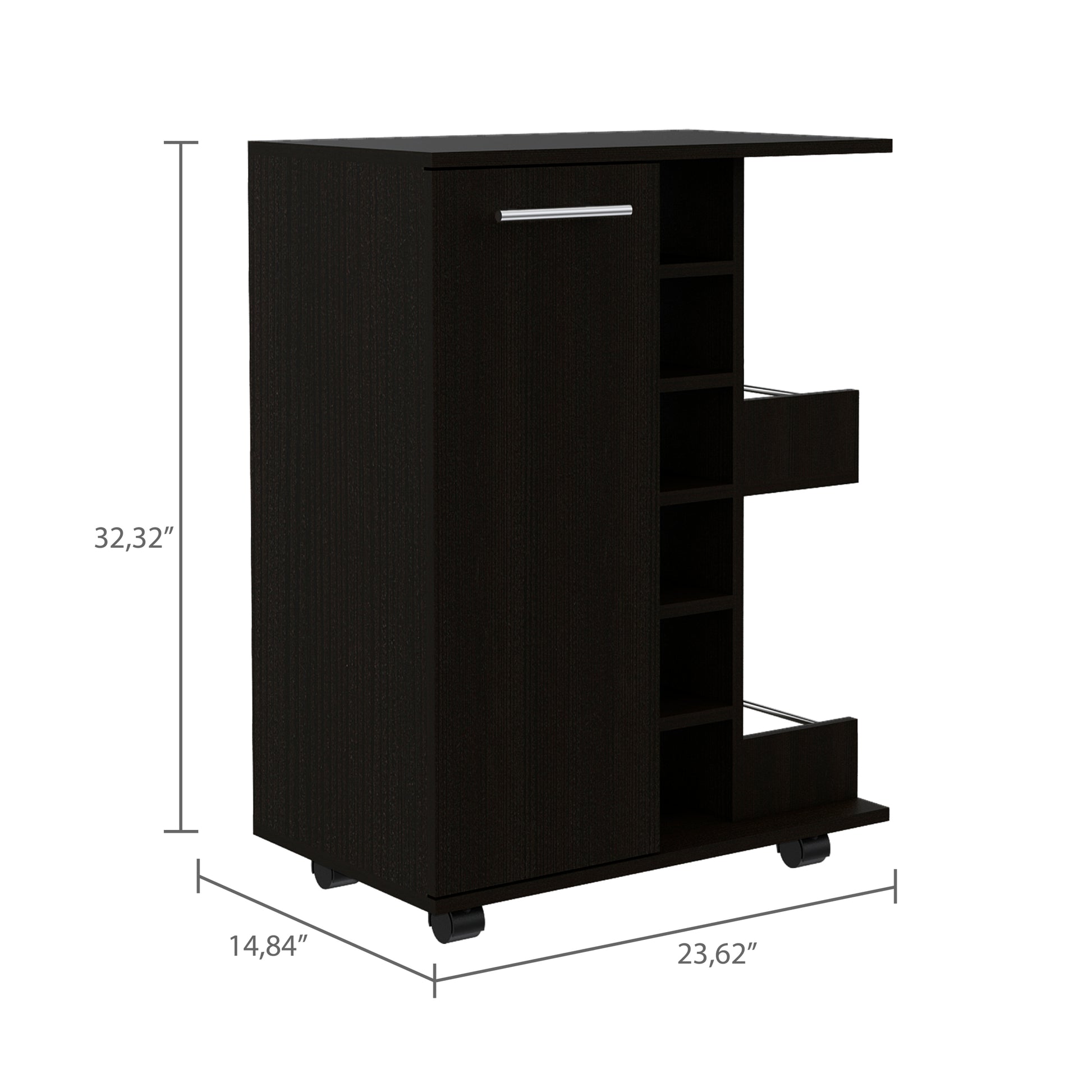 Tennessee Bar Cart, One Cabinet With Division, Six Cubbies For Liquor, Two Shelves Freestanding 5 Or More Spaces Black Primary Living Space Open Storage Space Modern Pine Particle Board Engineered Wood