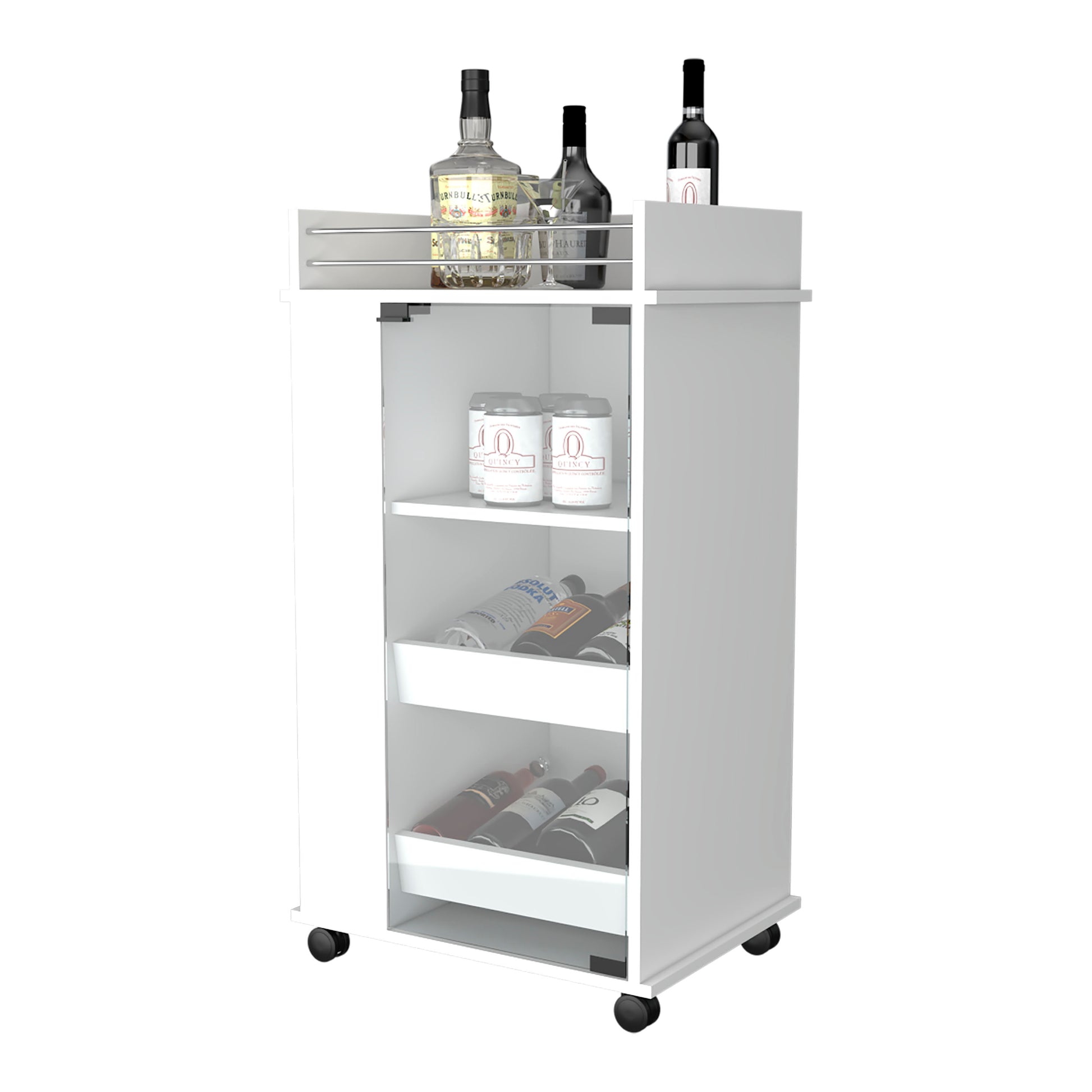 Lusk Bar Cart With 2 Bottle Holder Shelf, Glass Door And Casters White Industrial,Modern Particle Board Engineered Wood