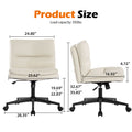 Office Chair Armless Desk Chair With Wheels, Pu Padded Wide Seat Home Office Chairs, 120 Rocking Mid Back Cute Computer Chair For Bedroom, Vanity, Makeup Wood Cream Cotton Office Chairs Handle Pu