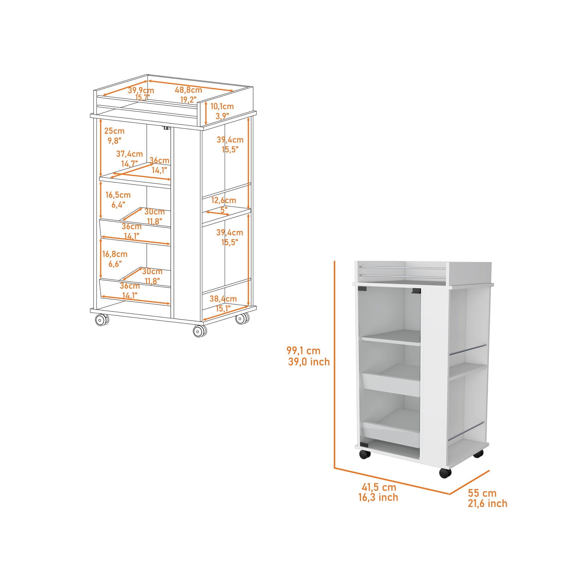 Lusk Bar Cart With 2 Bottle Holder Shelf, Glass Door And Casters Mobile Carts 3 4 Shelves White White Primary Living Space Open Storage Space Industrial,Modern Pine Particle Board Engineered Wood