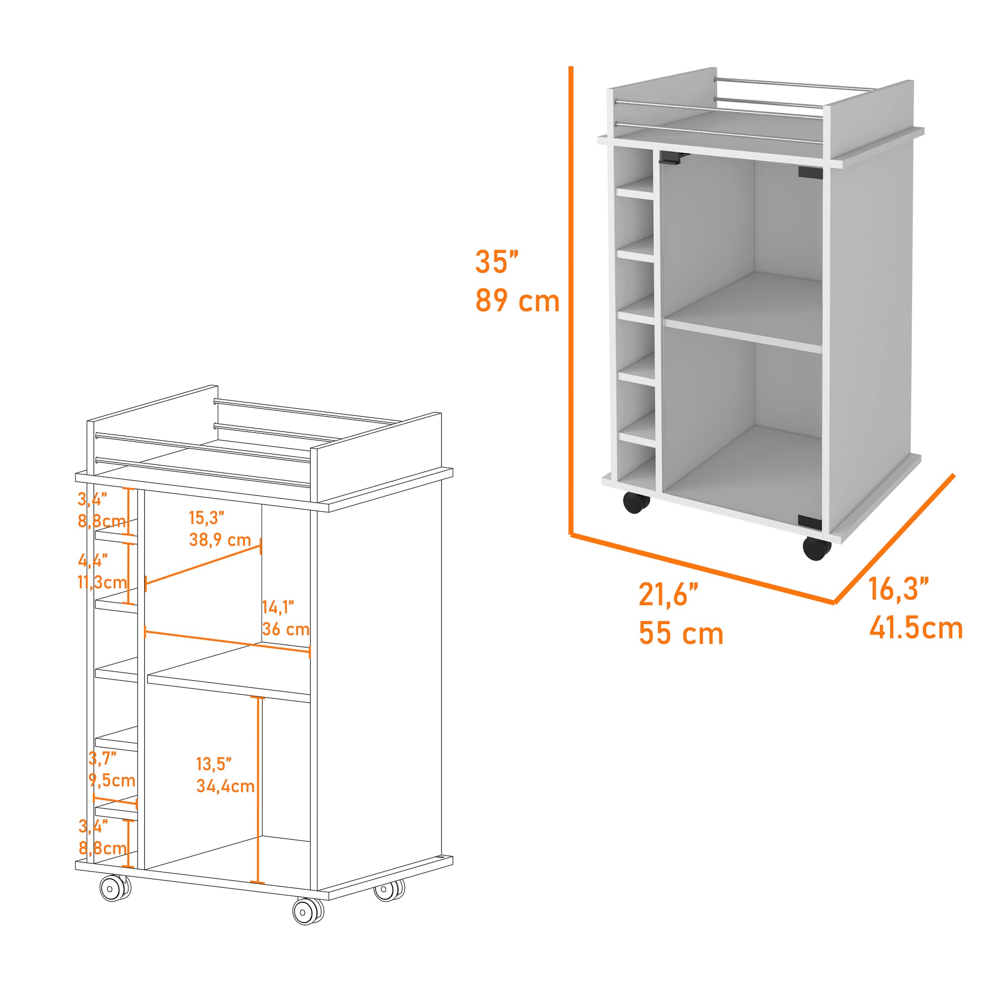 Vegas Bar Cart, Two Tier Cabinet With Glass Door, Six Cubbies For Liquor White Particle Board Engineered Wood