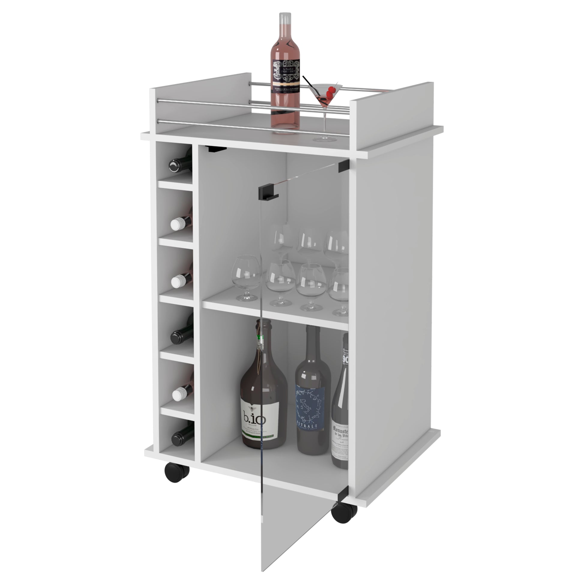 Vegas Bar Cart, Two Tier Cabinet With Glass Door, Six Cubbies For Liquor White Particle Board Engineered Wood