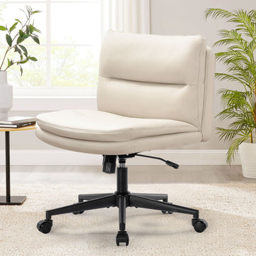 Office Chair Armless Desk Chair With Wheels, Pu Padded Wide Seat Home Office Chairs, 120 Rocking Mid Back Cute Computer Chair For Bedroom, Vanity, Makeup Wood Cream Cotton Office Chairs Handle Pu