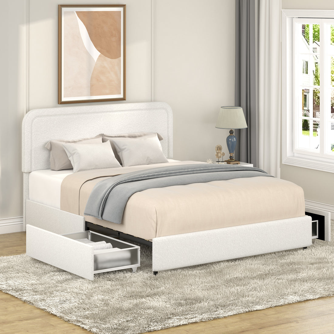 Liv Patented 2 Drawers Storage Bed Queen Size Ivory Boucle Upholstered Platform Bed, Curved Stitched Tufted Headboard, Wooden Slat Mattress Support, No Box Spring Needed Box Spring Not Required Queen Ivory Metal Bedroom