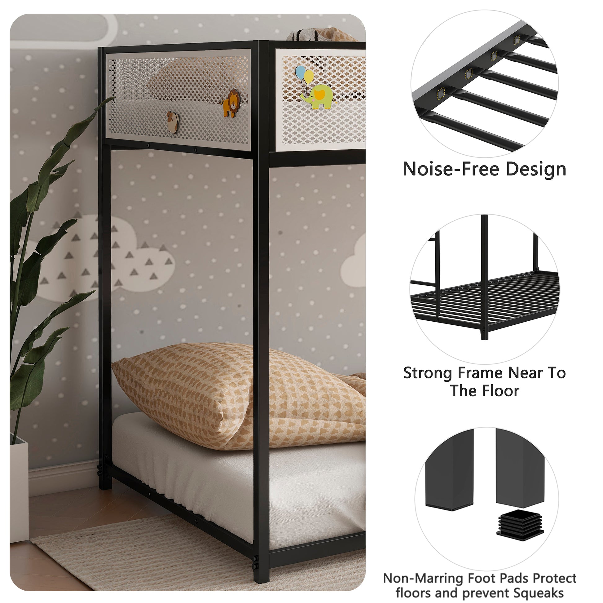 Adam Twin Twin Bunk Black With White Mesh Guard Rail Box Spring Not Required Twin Black Metal Bedroom Bunk Metal