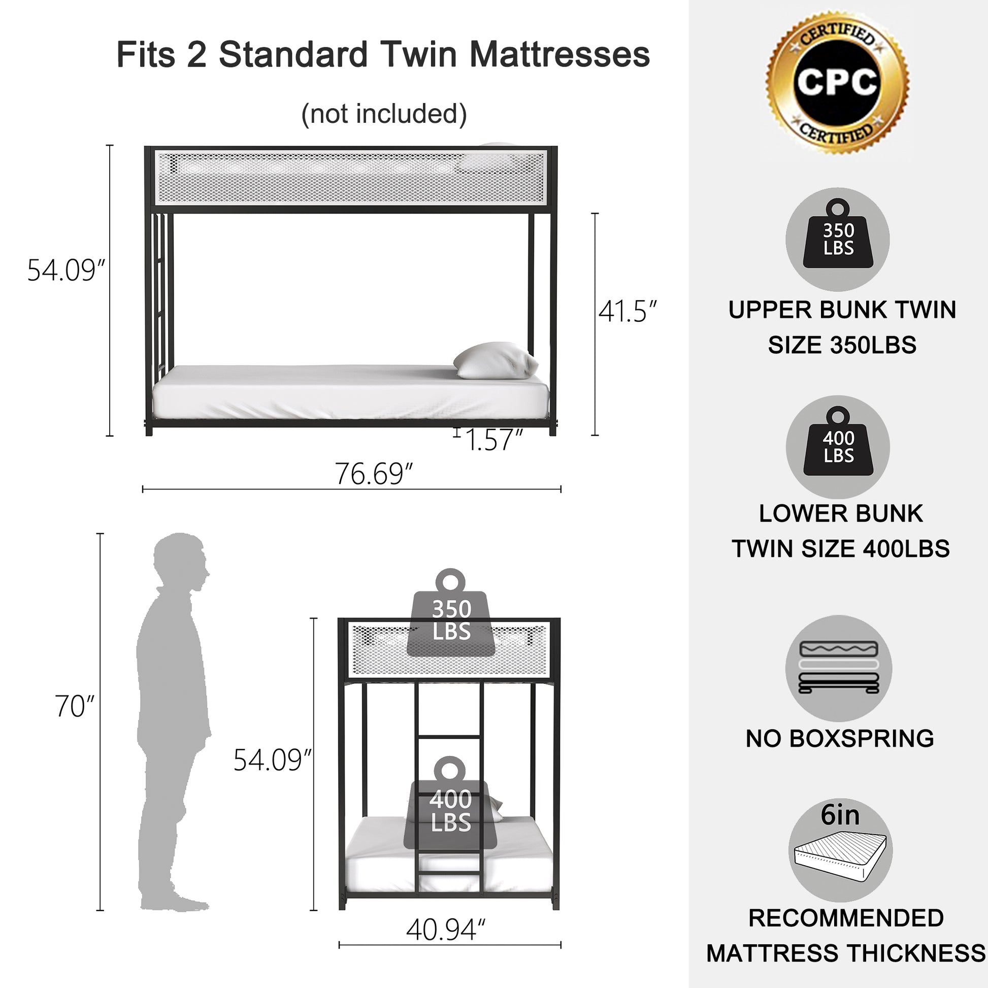 Adam Twin Twin Bunk Black With White Mesh Guard Rail Box Spring Not Required Twin Black Metal Bedroom Bunk Metal