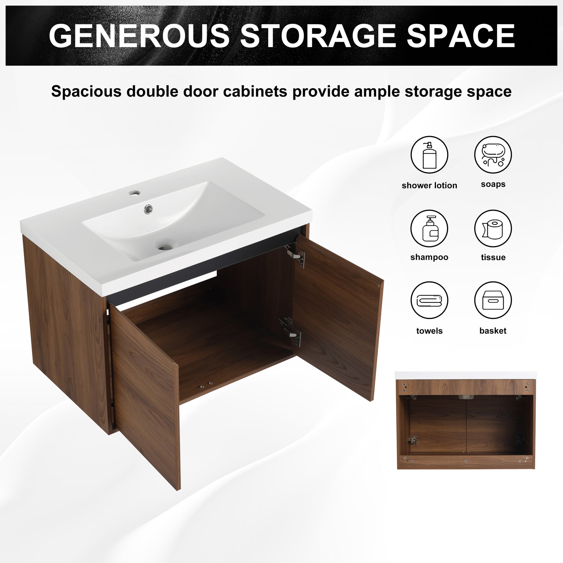 Brown 30 Inch Bathroom Vanity With Resin Countertop Sink, 2 Doors Bathroom Cabinet Set Brown Bathroom American Design Engineered Wood