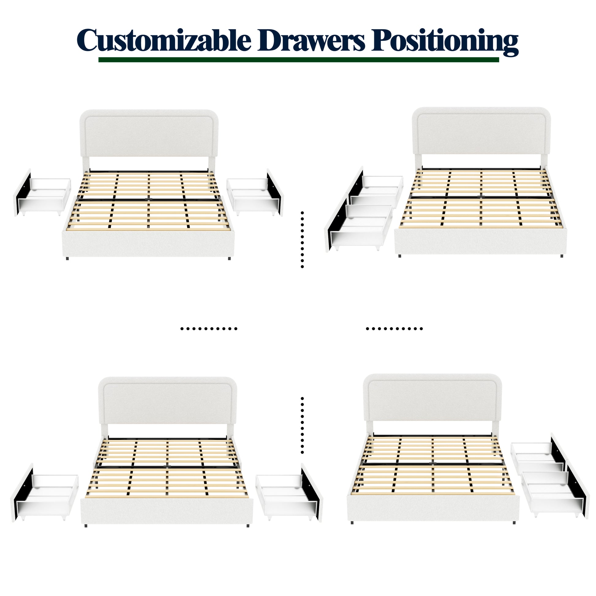 Liv Patented 2 Drawers Storage Bed Queen Size Ivory Boucle Upholstered Platform Bed, Curved Stitched Tufted Headboard, Wooden Slat Mattress Support, No Box Spring Needed Box Spring Not Required Queen Ivory Metal Bedroom