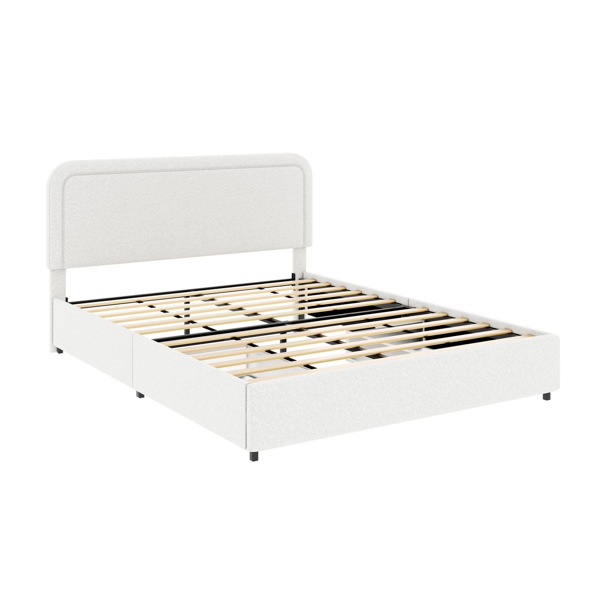 Liv Patented 2 Drawers Storage Bed Queen Size Ivory Boucle Upholstered Platform Bed, Curved Stitched Tufted Headboard, Wooden Slat Mattress Support, No Box Spring Needed Box Spring Not Required Queen Ivory Metal Bedroom