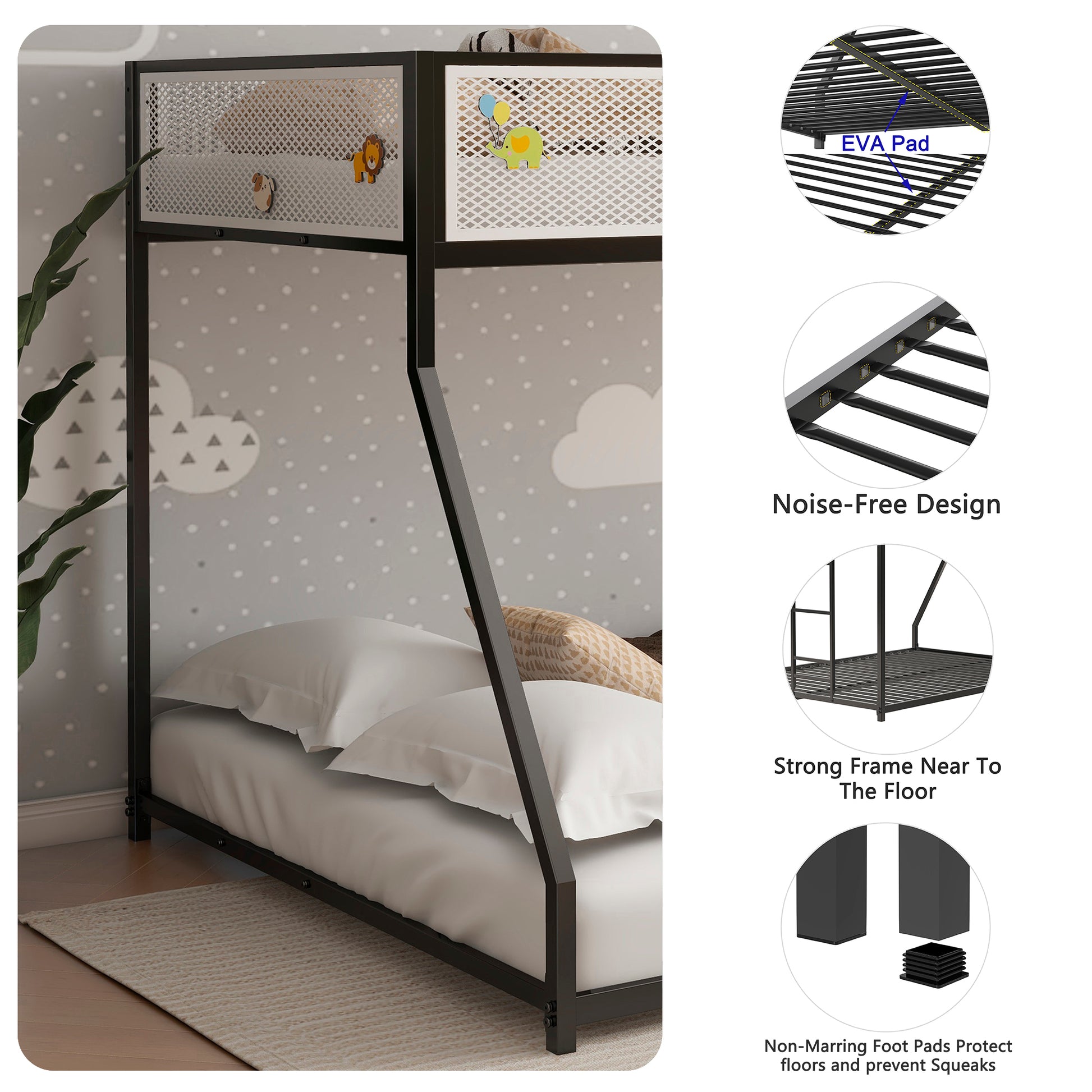 Adam Twin Full Bunk Black With White Mesh Guard Rail Box Spring Not Required Twin Black Metal Bedroom Bunk Metal