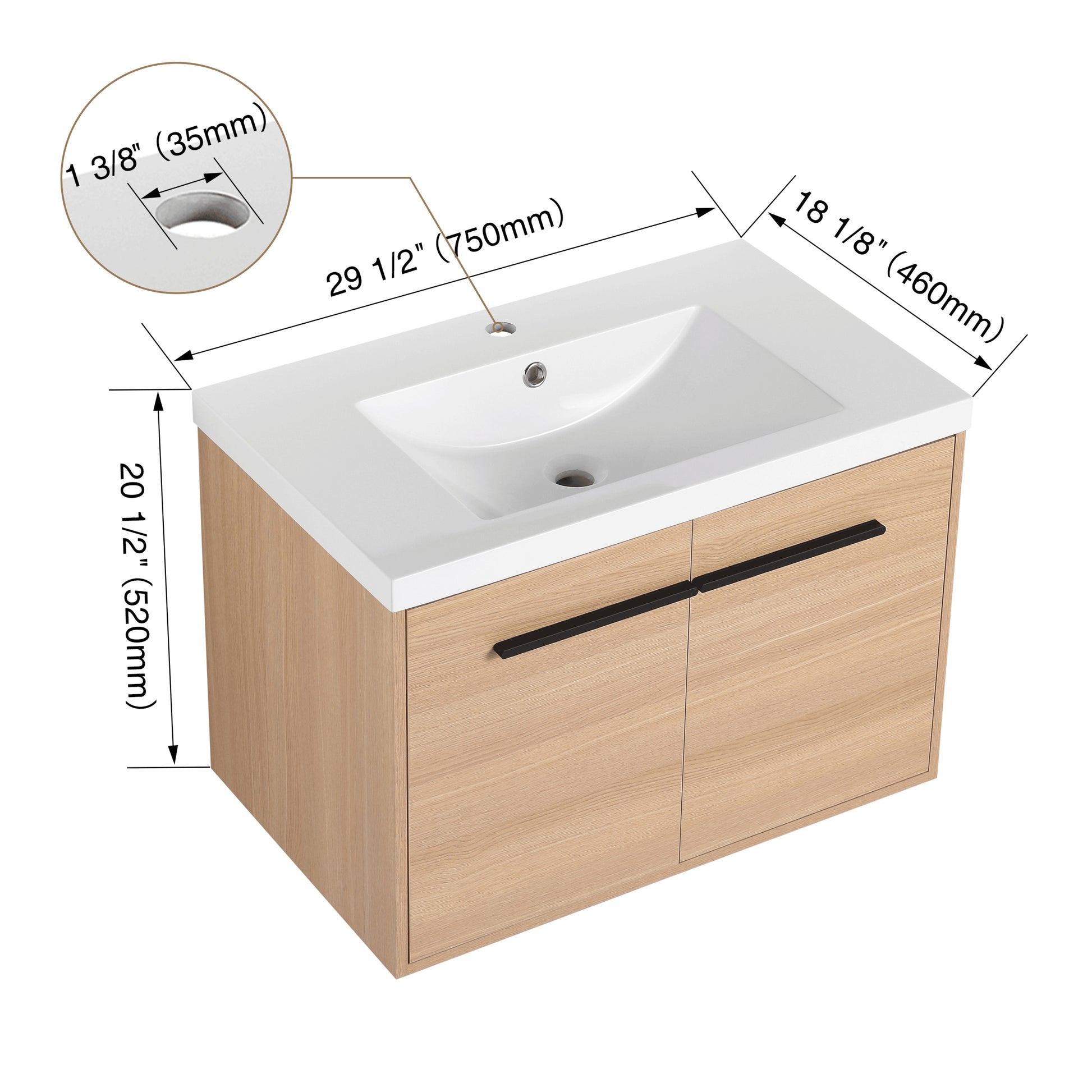 Oak 30 Inch Bathroom Vanity With Resin Countertop Sink, 2 Doors Bathroom Cabinet Set Oak Bathroom American Design Engineered Wood