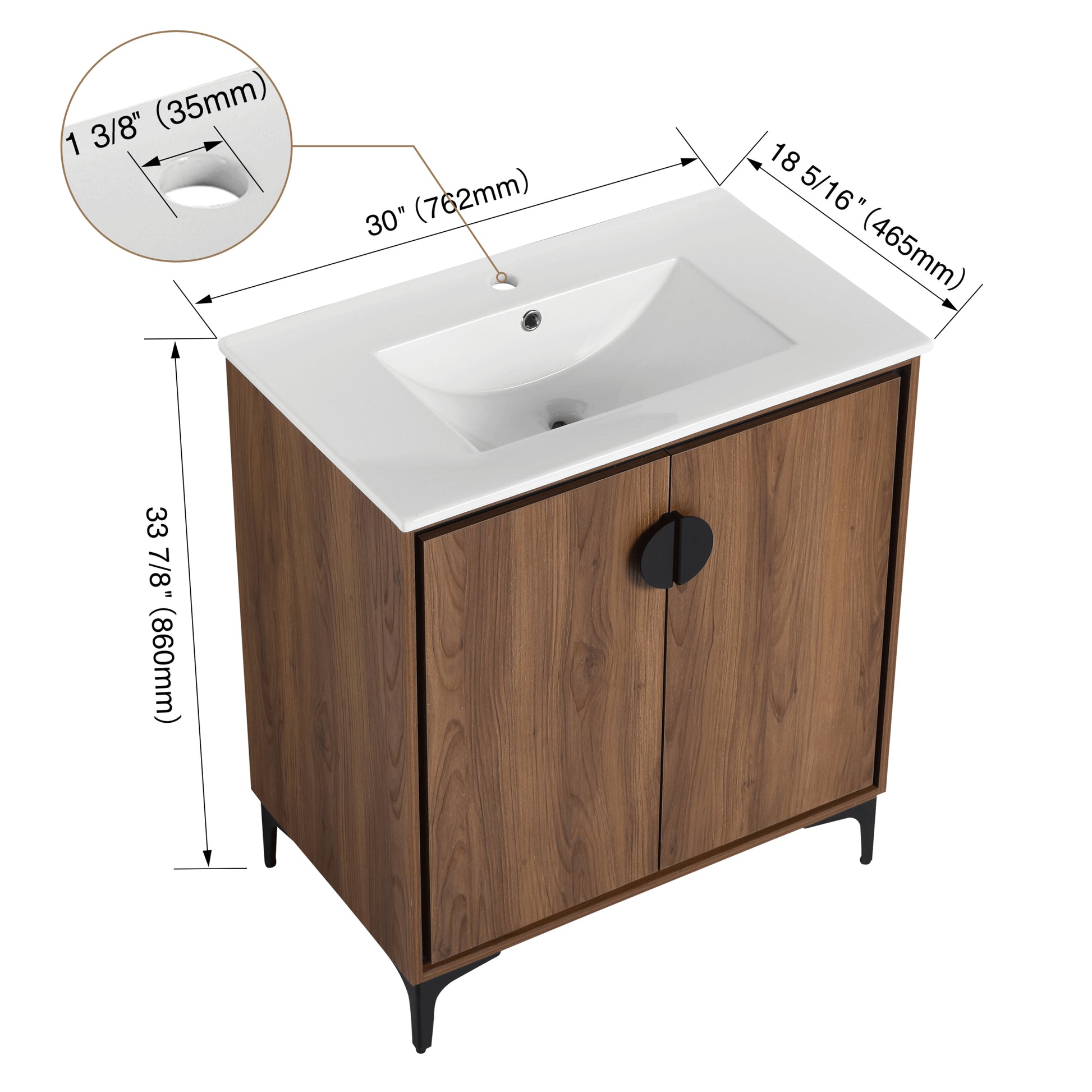 30 "Bathroom Vanity, 2 Doors, Bathroom Cabinet Vanity Freestanding Cabinet Engineered Wood With Sink Brown Bathroom American Design Ceramic Engineered Wood