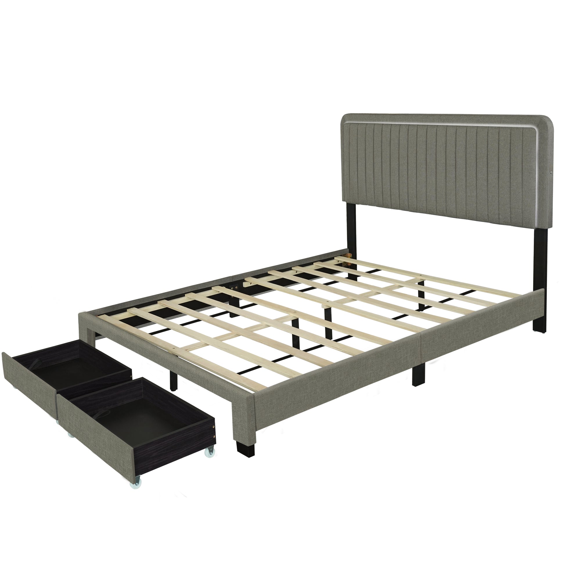 Queen Size Upholstered Bed With Adjustable Height Mattress 10 To 14 Inches Led Design With Footboard Drawers Storage No Box Spring Required Stone Gray Box Spring Not Required Queen Stone Gray Wood Espresso Bedroom American