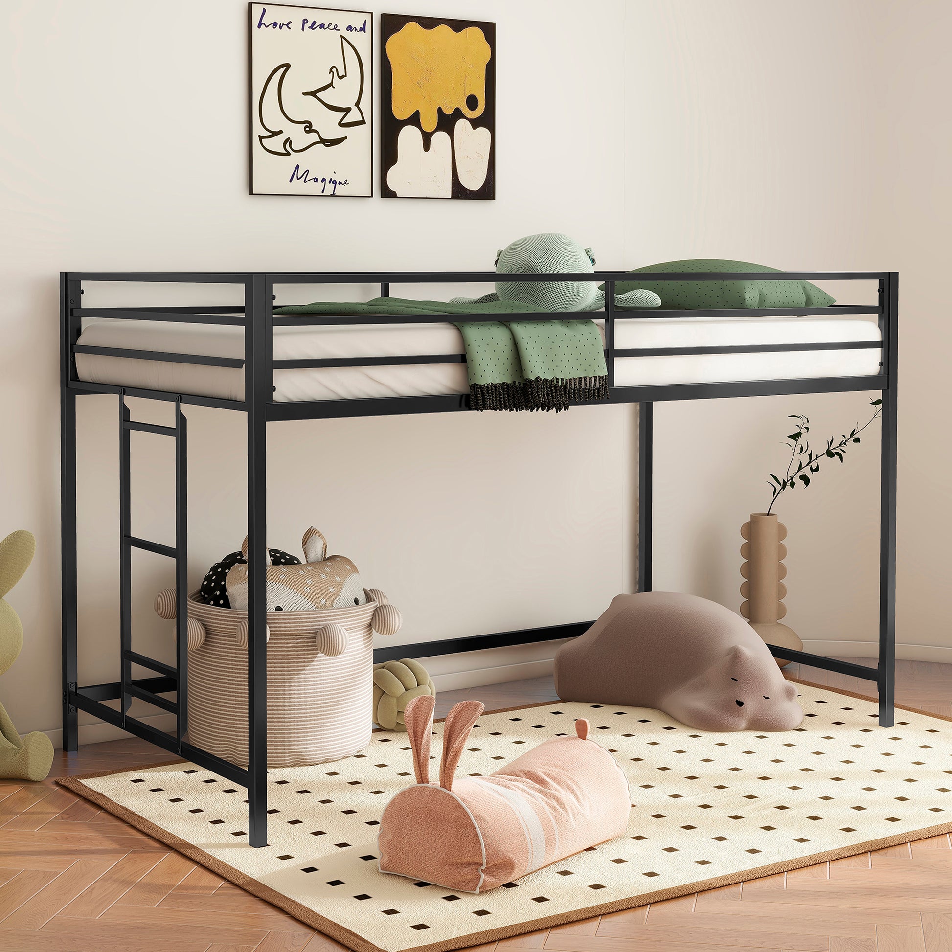 Adam Junior Twin Loft Bunk Black Box Spring Not Required Twin Black Metal Bedroom Bunk Metal