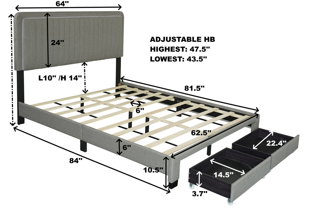 Queen Size Upholstered Bed With Adjustable Height Mattress 10 To 14 Inches Led Design With Footboard Drawers Storage No Box Spring Required Stone Gray Box Spring Not Required Queen Stone Gray Wood Espresso Bedroom American