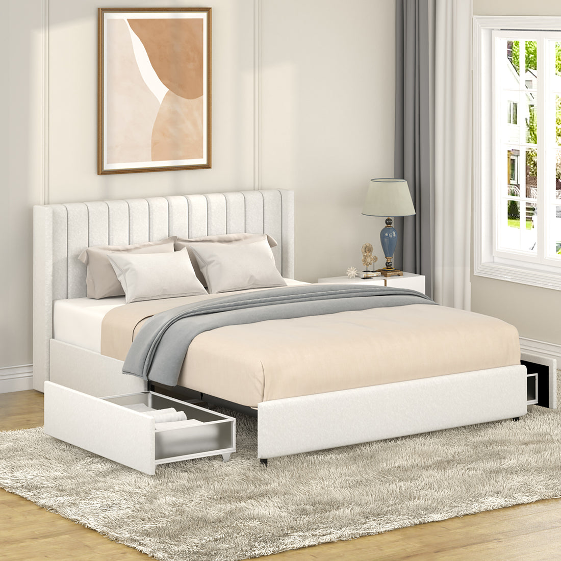 Anda Patented 2 Drawers Storage Bed Queen Size Ivory Boucle Upholstered Platform Bed, Tufted Headboard, Wooden Slat Mattress Support, No Box Spring Needed Box Spring Not Required Queen Ivory Metal Bedroom Classic,Contemporary,Luxury,Modern,Transitional