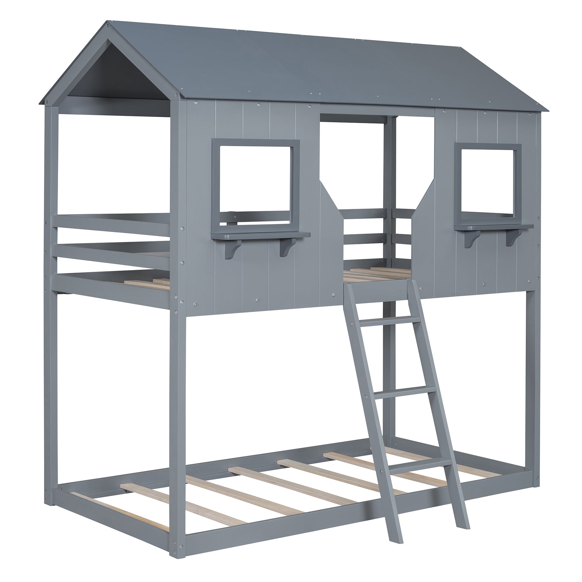 Twin Over Twin Bunk Bed Wood Bed With Roof, Window, Guardrail, Ladder Gray Old Sku :Lt000045Aae Twin Gray Solid Wood