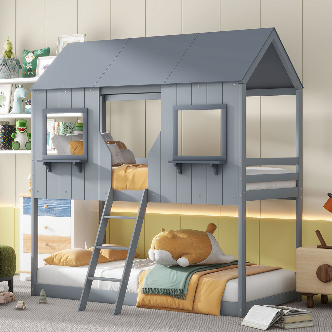 Twin Over Twin Bunk Bed Wood Bed With Roof, Window, Guardrail, Ladder Gray Old Sku :Lt000045Aae Twin Gray Solid Wood