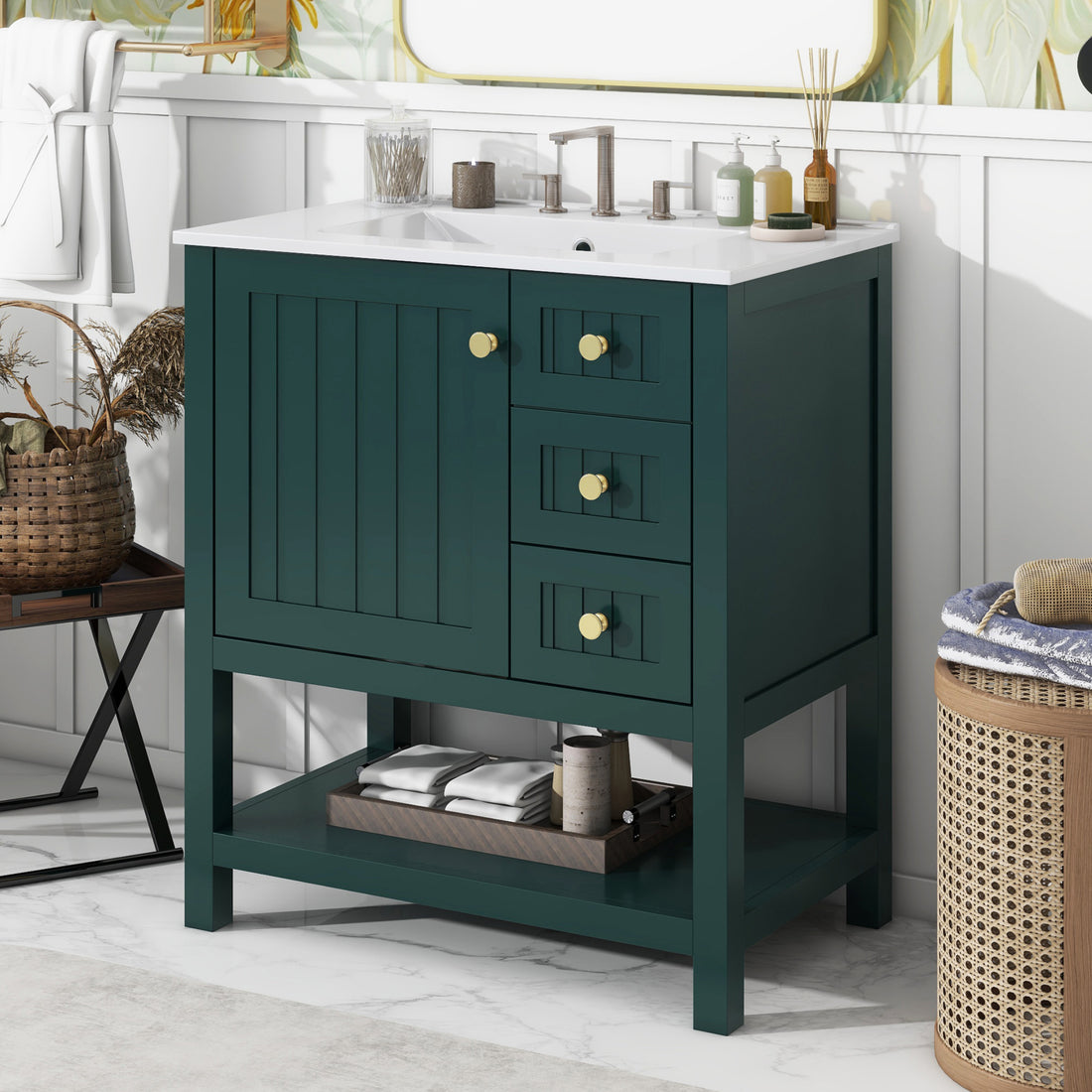 30Inch Transitional Style Bathroom Vanity Cabinet Combo With Ceramic Sink Green Bathroom Solid Wood Mdf