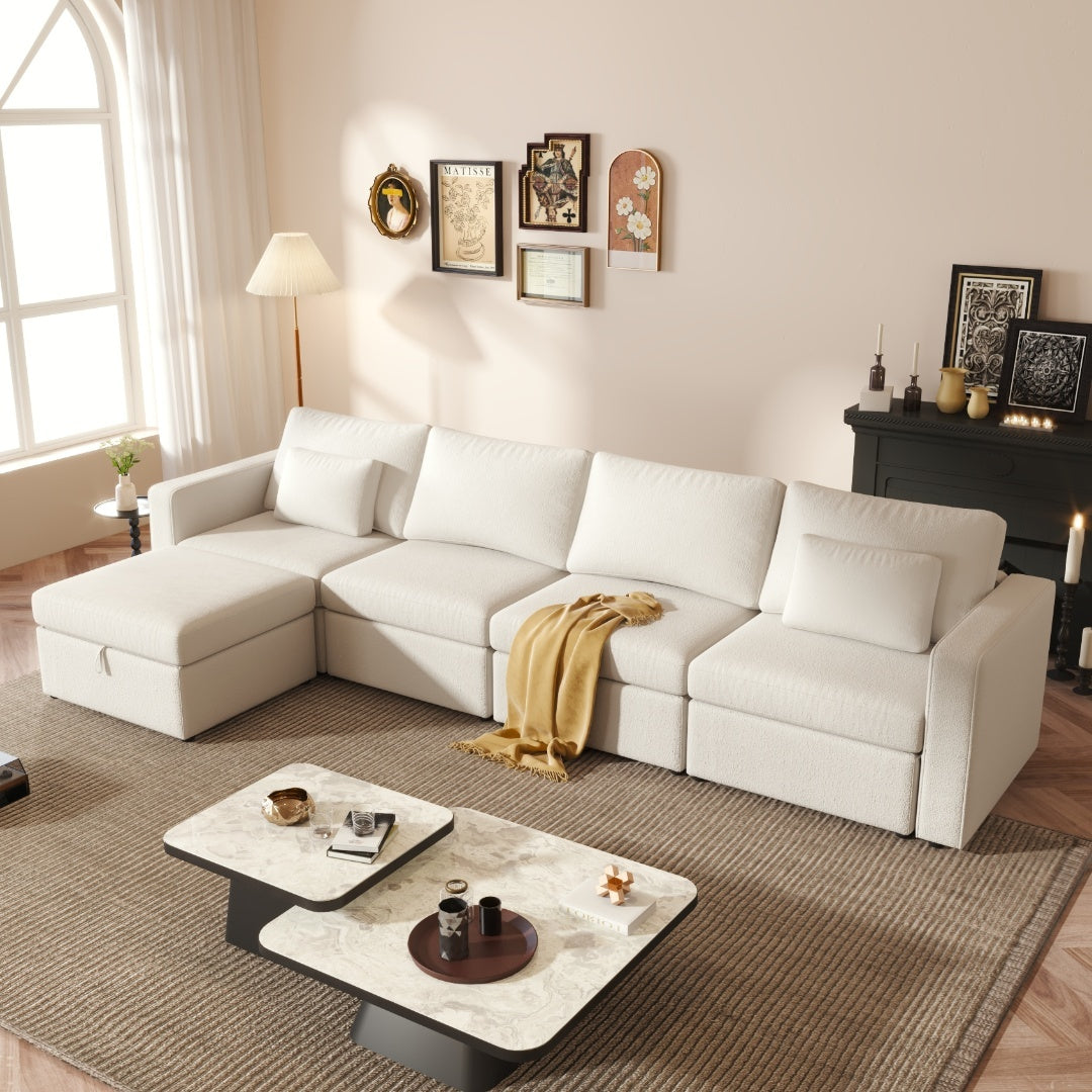 Modern Cotton Linen Modular Sectional Sofa, L Shape Convertible Sofa Set With Pillows, Oversized Sectional Couches With Storage Ottomans For Living Room, Loft, Apartment, Office White 5 Seats White Wood Primary Living Space Medium Duty Pine 5 Seat White