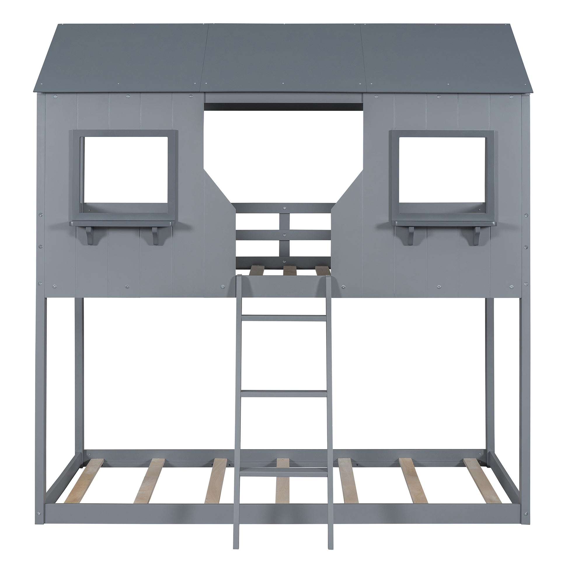 Twin Over Twin Bunk Bed Wood Bed With Roof, Window, Guardrail, Ladder Gray Old Sku :Lt000045Aae Twin Gray Solid Wood