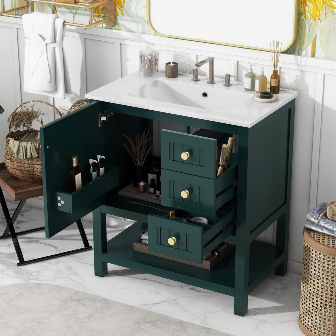 30Inch Transitional Style Bathroom Vanity Cabinet Combo With Ceramic Sink Green Bathroom Solid Wood Mdf