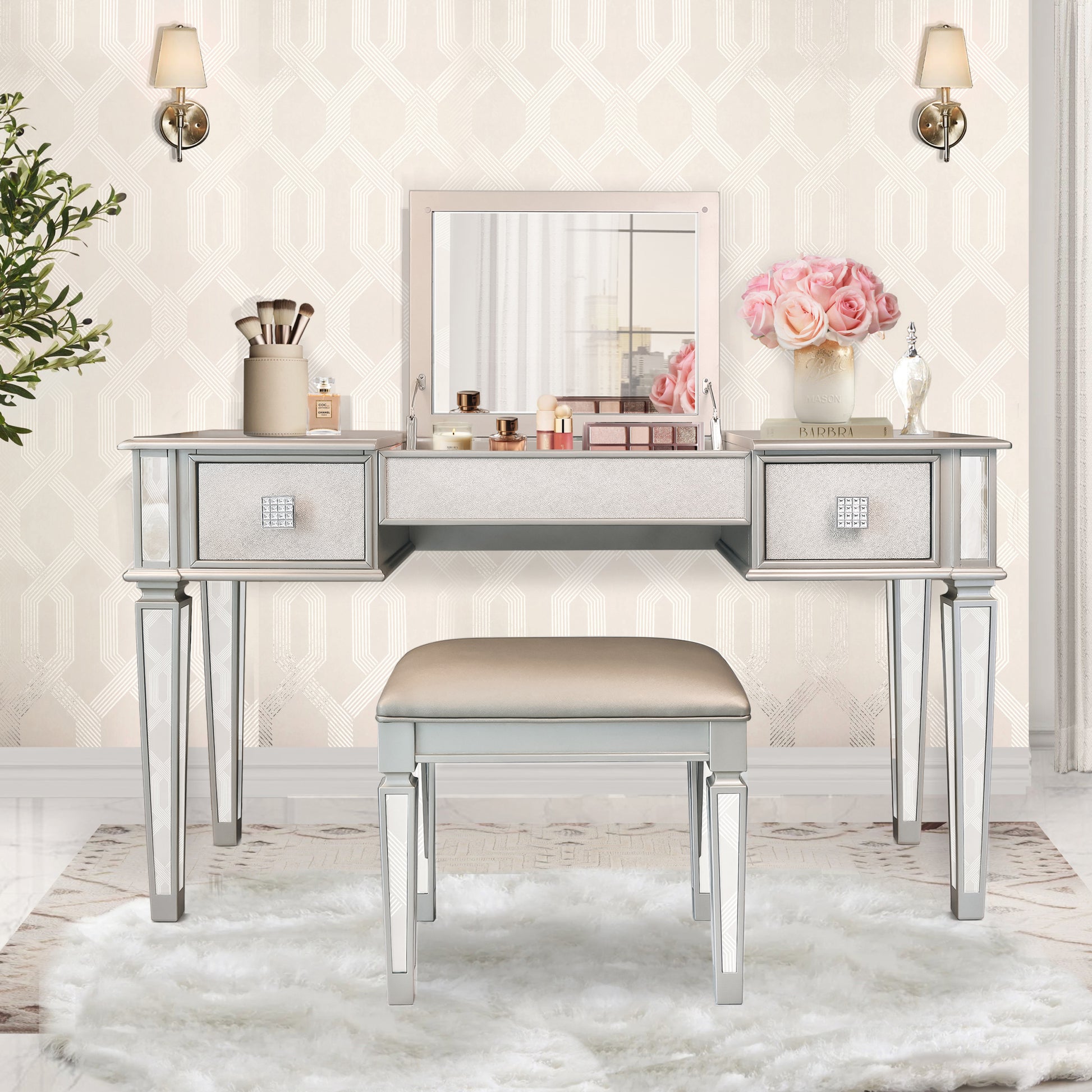 Mirrored Vanities Desk With Drawers, Bedroom Makeup Vanity Table Set With Mirror And Stool, Flip Up Dressing Table For Bedroom Makeup Room, Working Desk For Women, Girl Furniture Combo Hinged Silver White Drawer 2 Drawers Bedroom Felt Lined Drawers