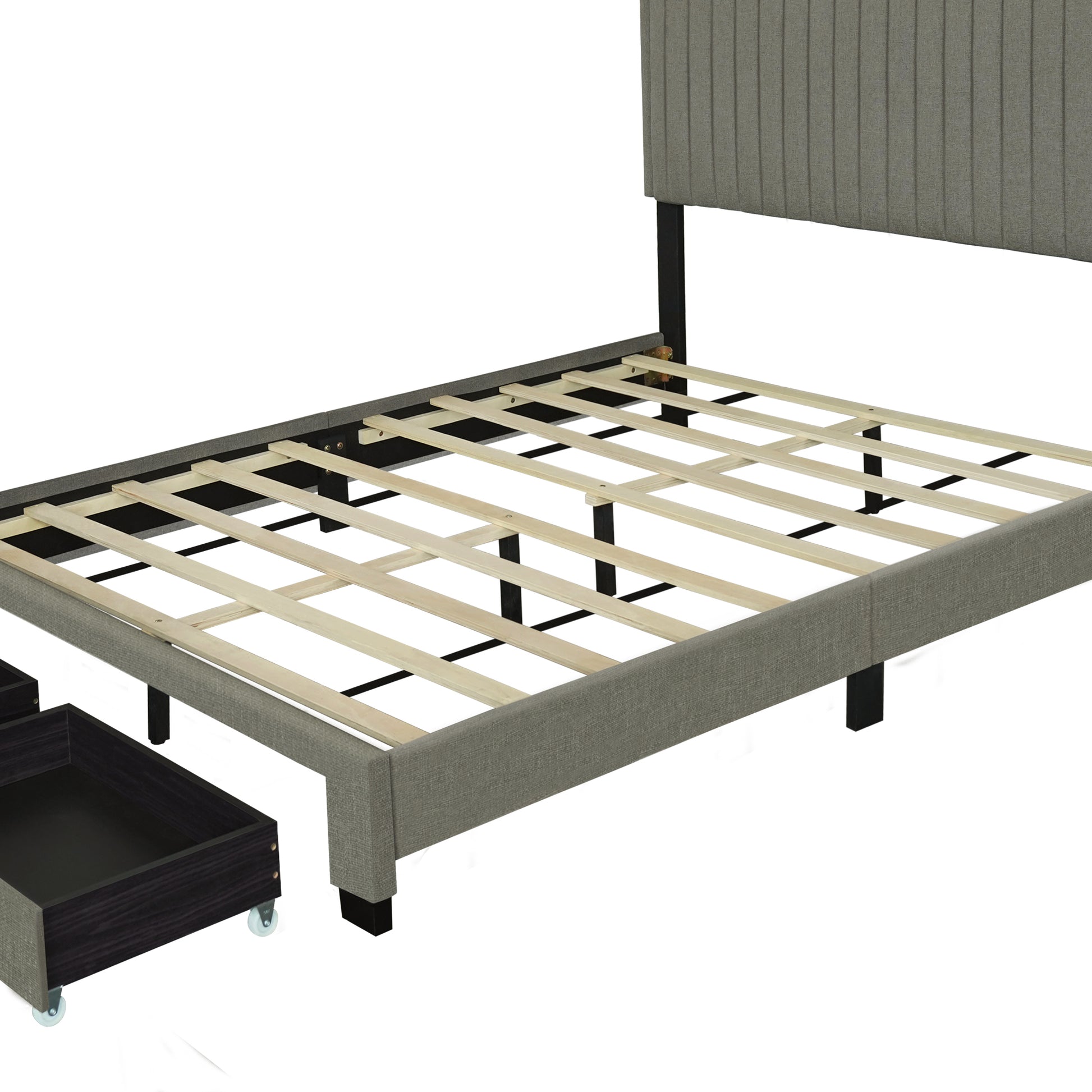 Queen Size Upholstered Bed With Adjustable Height Mattress 10 To 14 Inches Led Design With Footboard Drawers Storage No Box Spring Required Stone Gray Box Spring Not Required Queen Stone Gray Wood Espresso Bedroom American