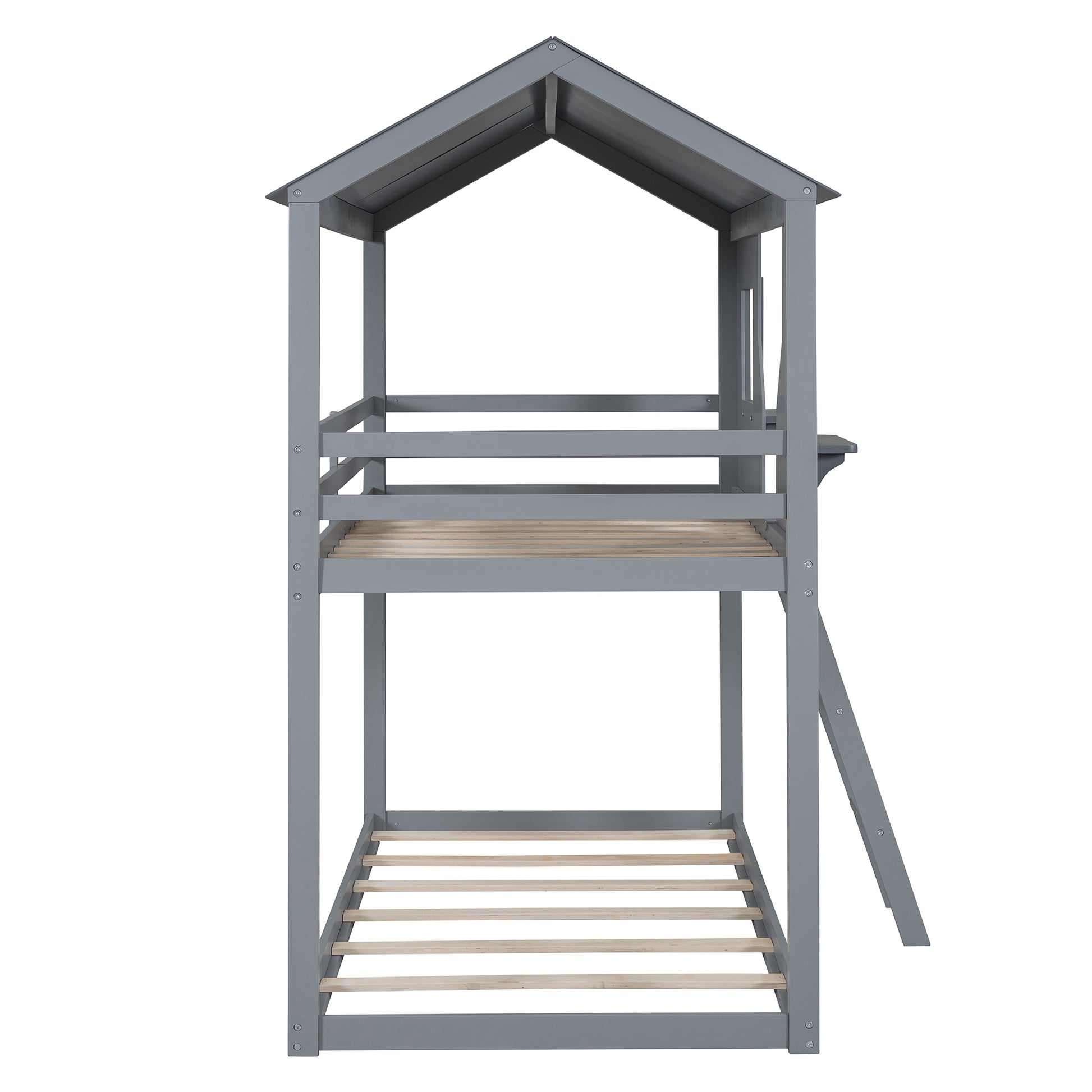 Twin Over Twin Bunk Bed Wood Bed With Roof, Window, Guardrail, Ladder Gray Old Sku :Lt000045Aae Twin Gray Solid Wood